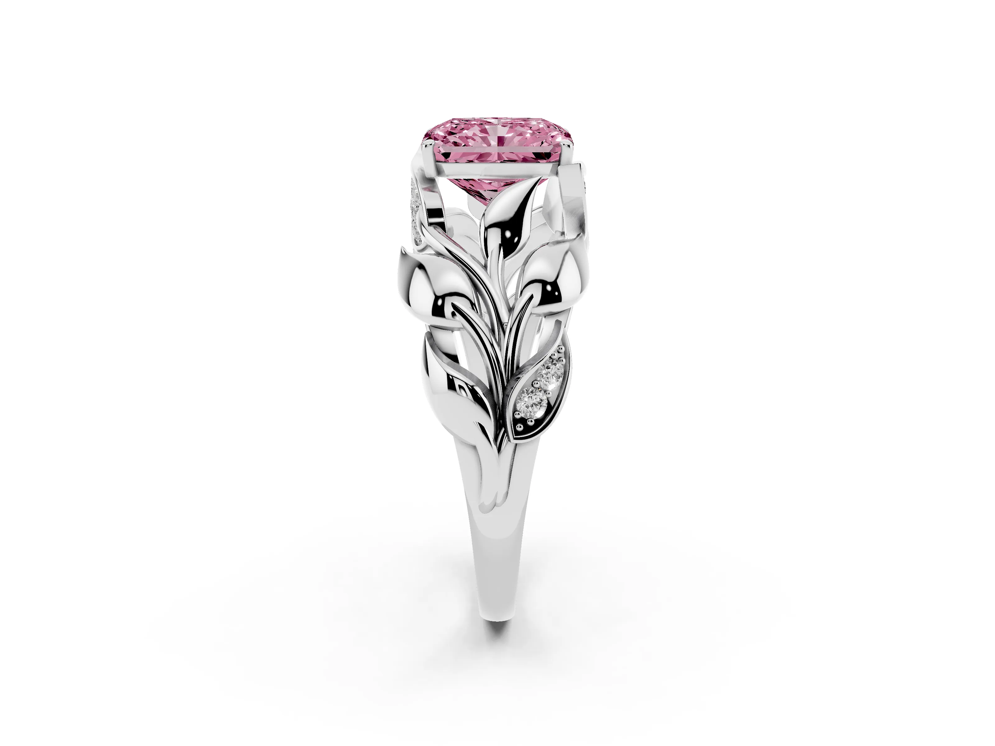 Fancy Pink Radiant Cut Diamond Leaf-Inspired Engagement Ring Set in Silver with Round Accents