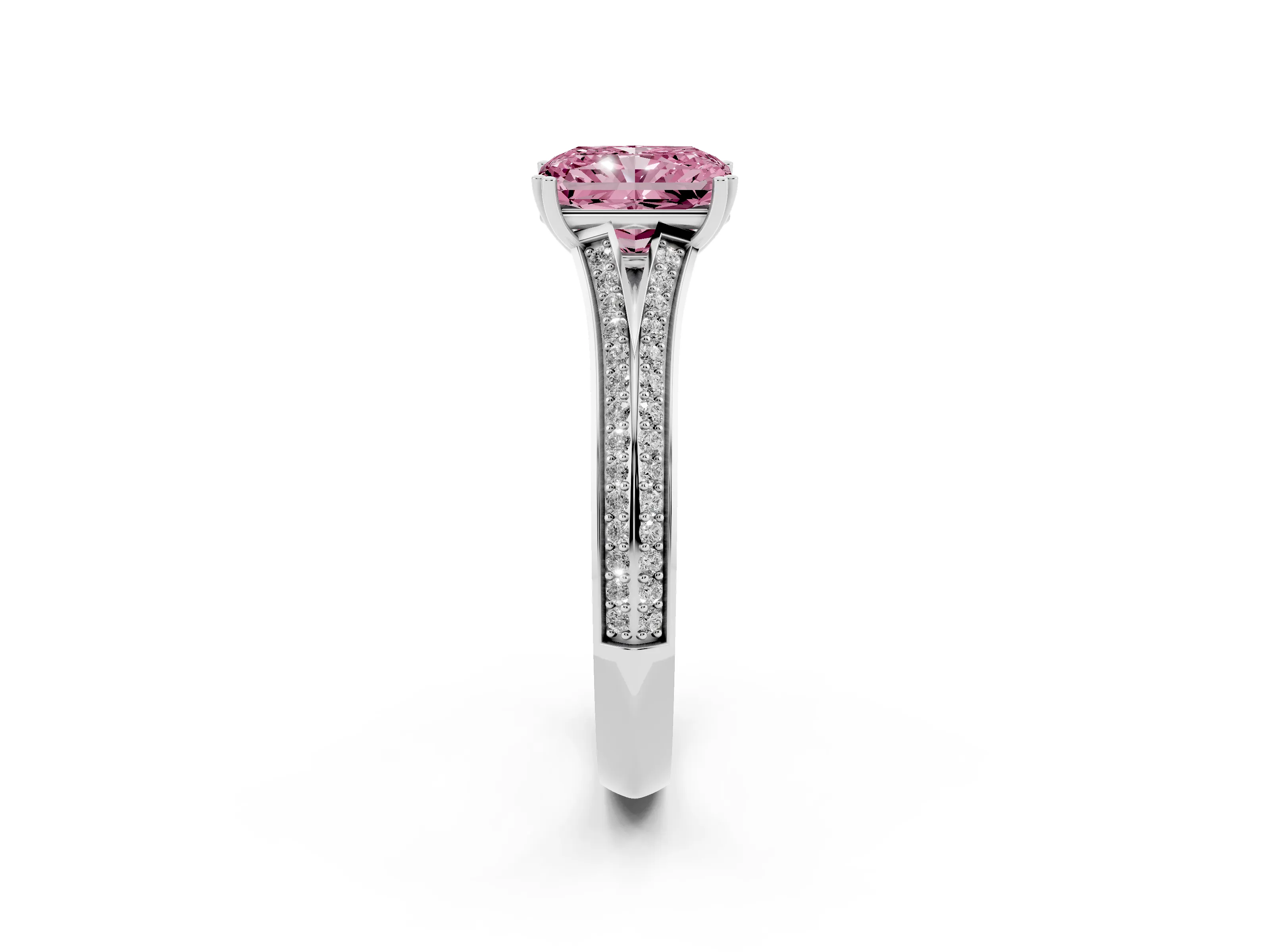 Fancy Pink Radiant Cut Diamond Split Shank Pavé Engagement Ring Set in Platinum with Prong-Set Center Stone