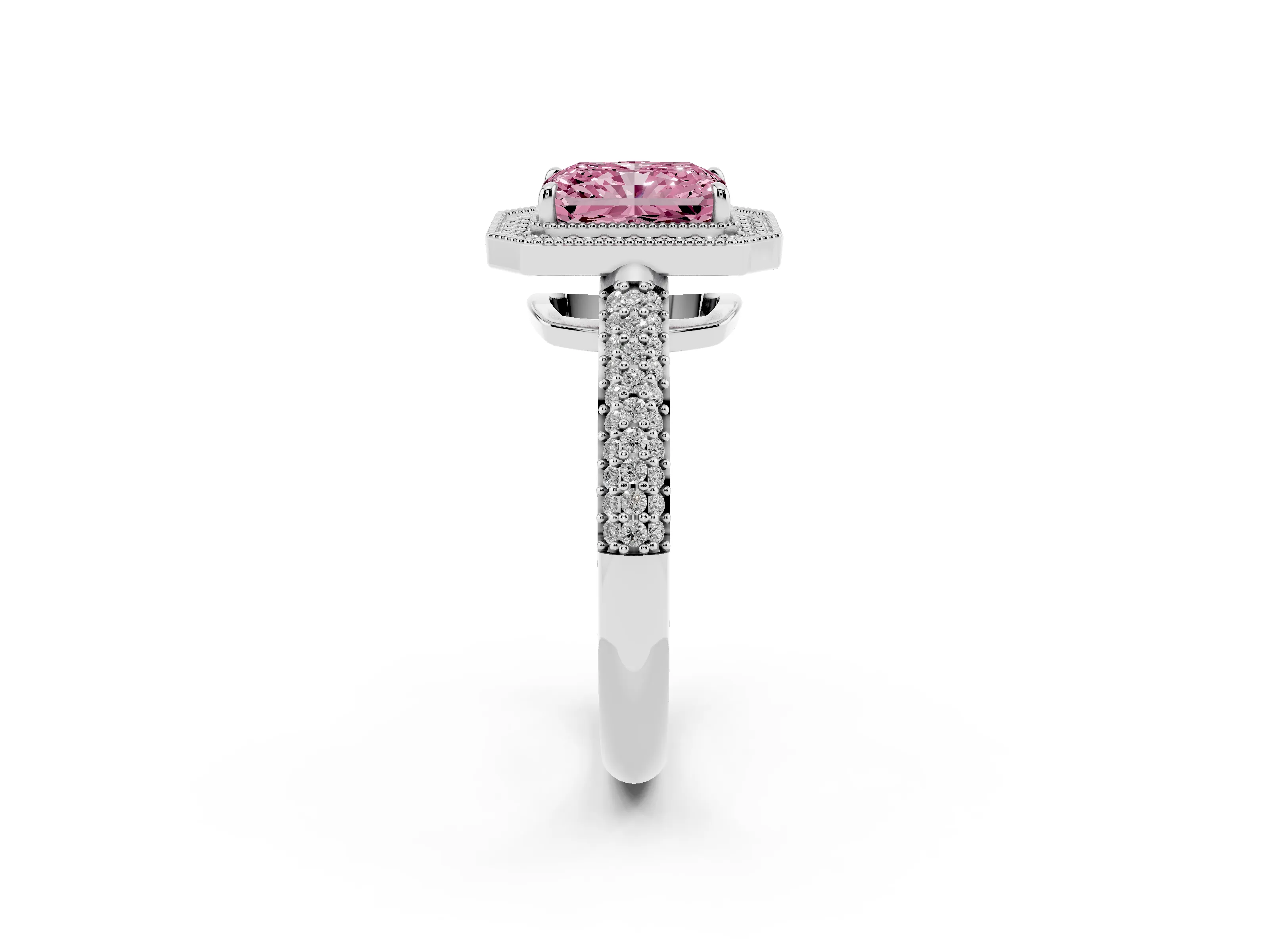 Fancy Pink Radiant Cut Diamond Halo Pavé Band Set in White gold with Prong Setting