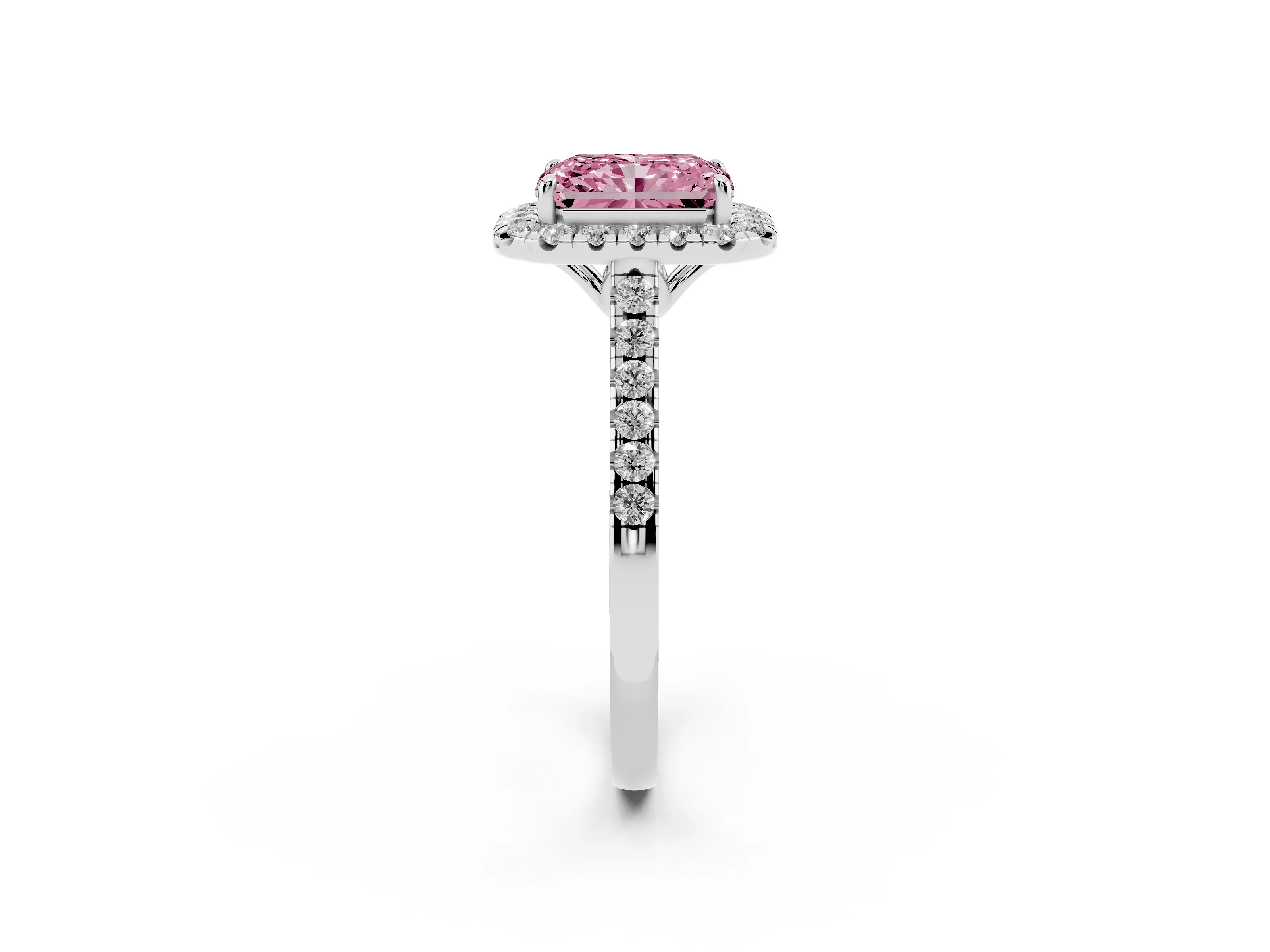 Fancy Pink Radiant Cut Diamond Pavé Halo Engagement Ring Set in White gold with Pavé Band and Prong Setting