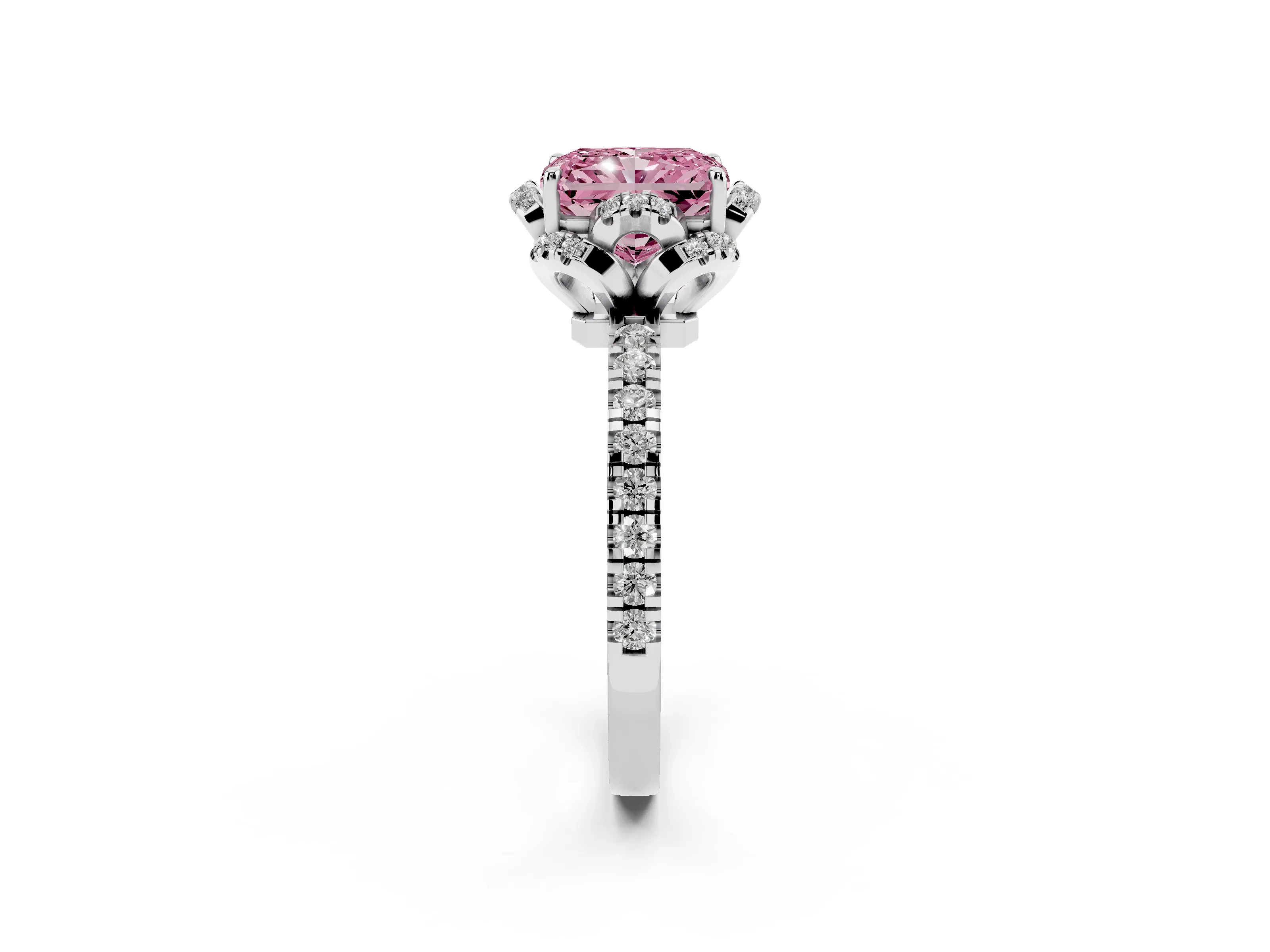 Fancy Pink Radiant Cut Diamond Halo Pavé Band Ring Set in White gold with Prong-Held Center