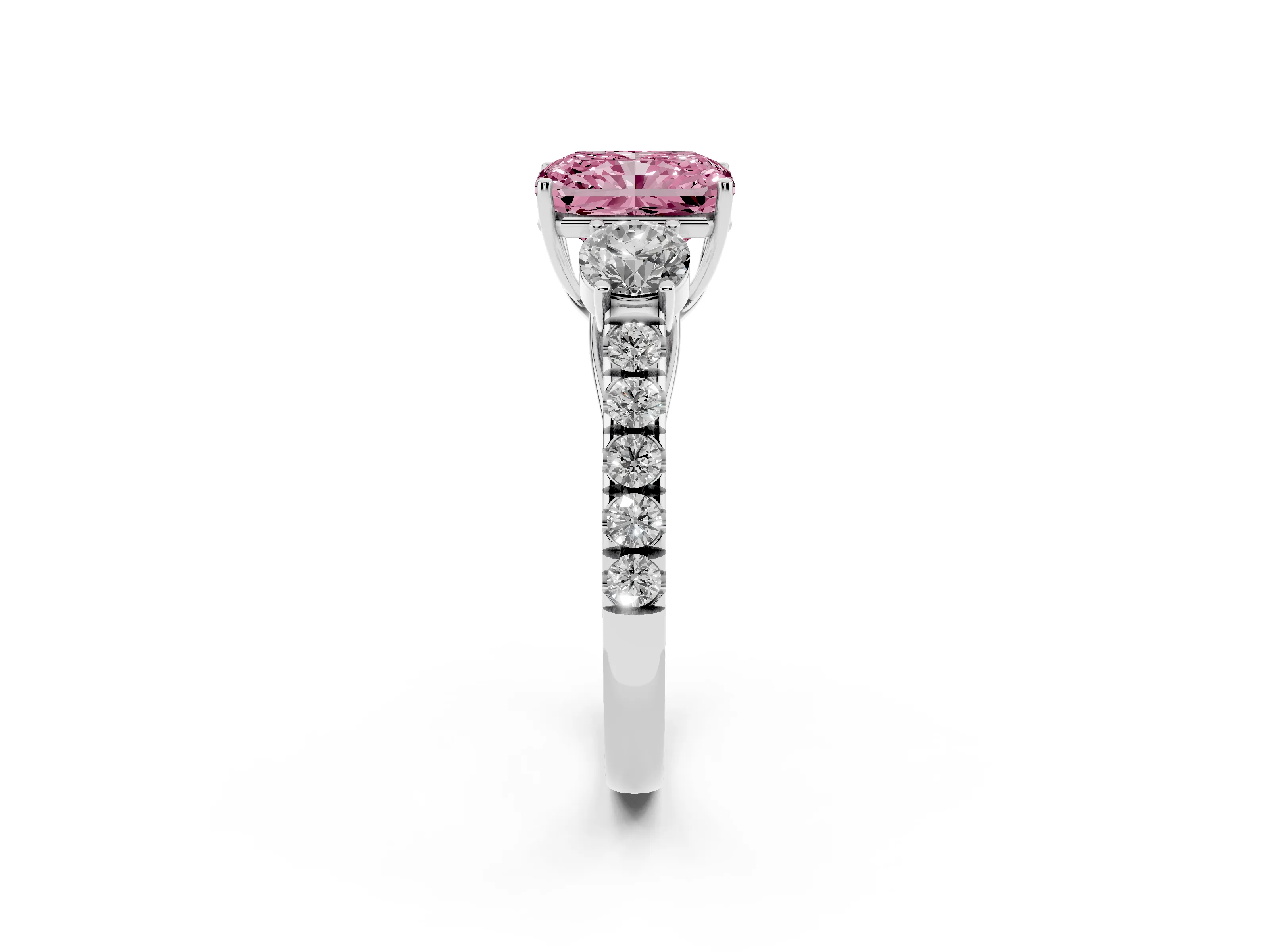 Fancy Pink Radiant Cut Diamond Three-Stone Ring Set in Silver with Round Side Stones and Delicate Pavé Band