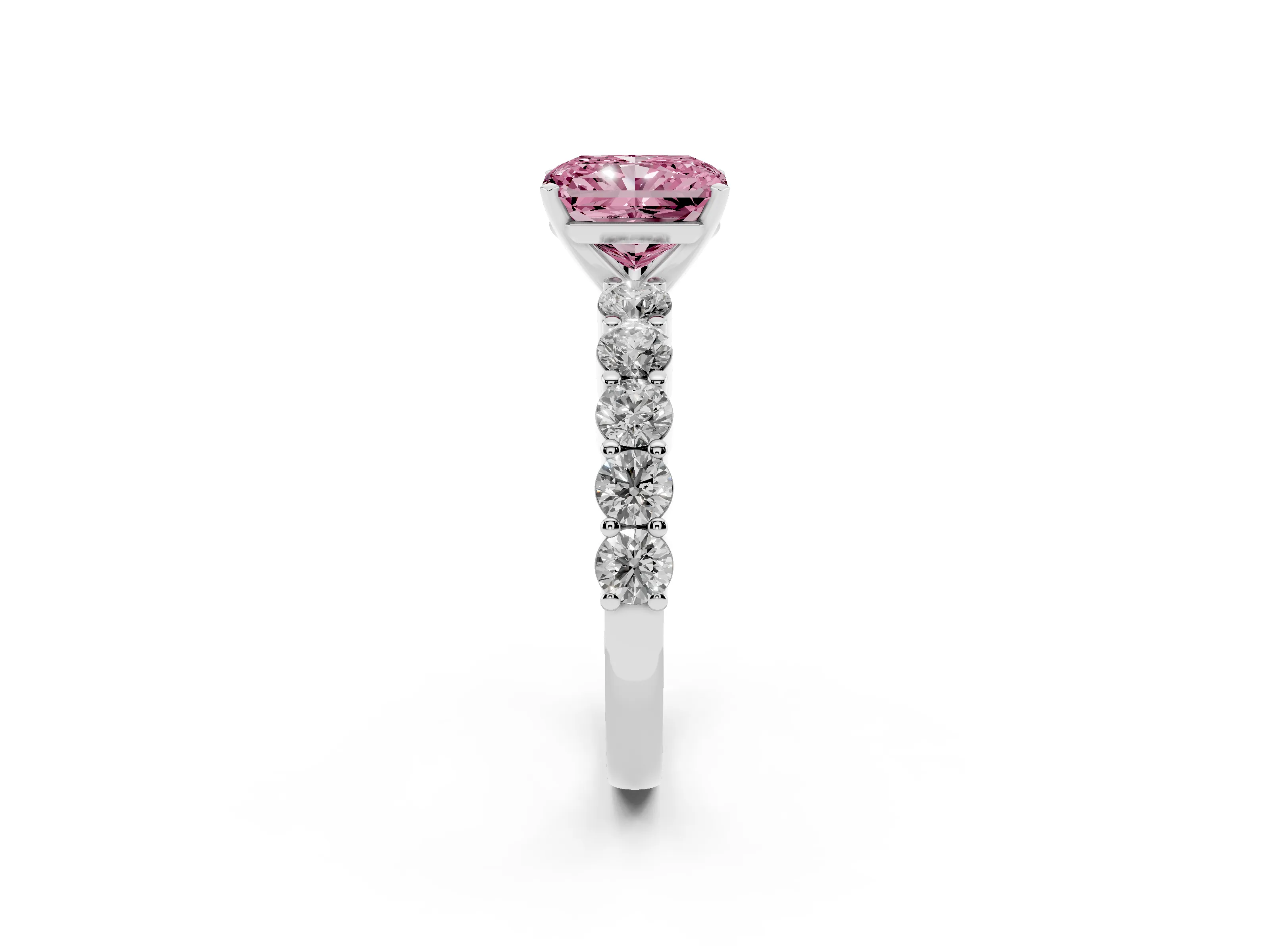 Fancy Pink Radiant Cut Diamond Solitaire Ring Set in Silver with Shared Prong Round Side Stones