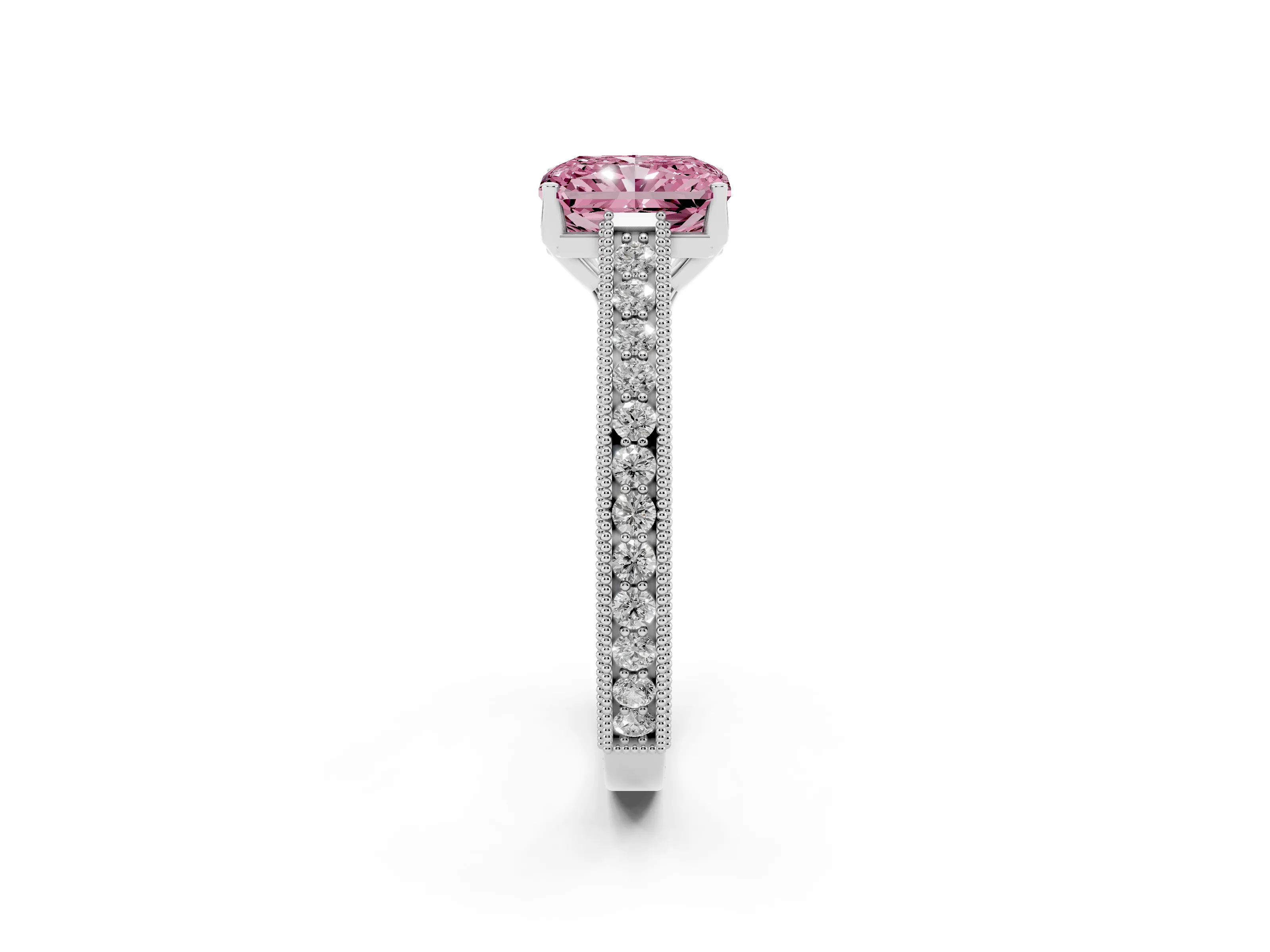 Fancy Pink Radiant Cut Diamond Milgrain Pavé Band Solitaire Ring Set in Platinum with Prong Setting