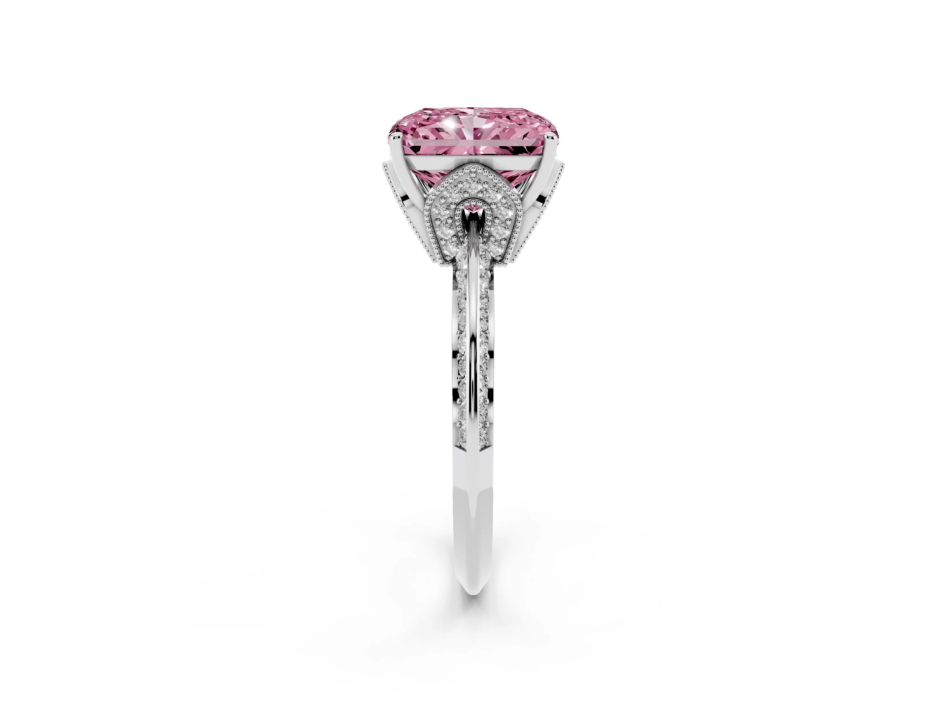 Fancy Pink Radiant Cut Diamond Solitaire Engagement Ring Set in Silver with Pavé Split Shank and Prong Setting
