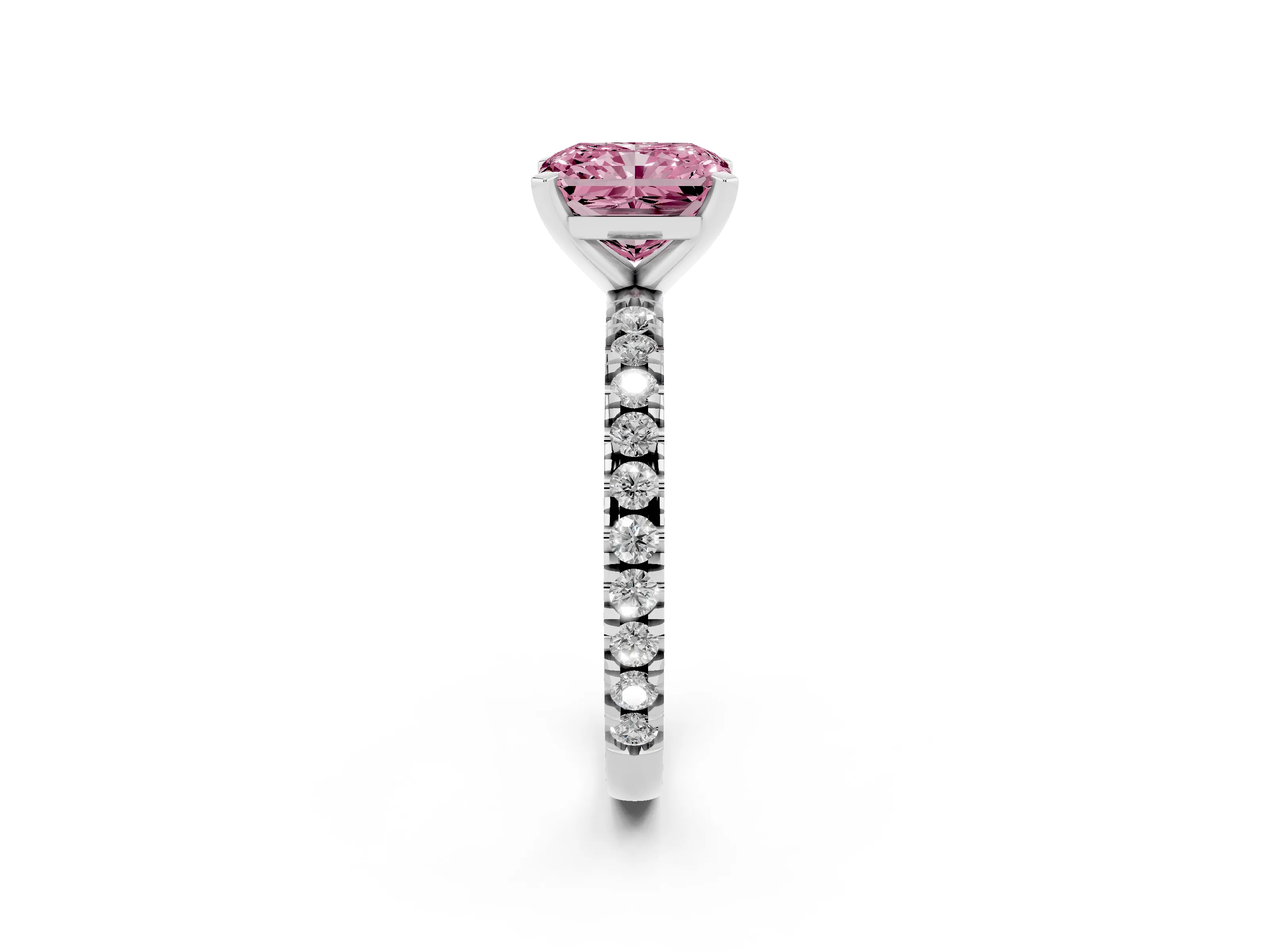 Fancy Pink Radiant Cut Diamond Pavé Band Solitaire Set in Platinum with Prong Setting