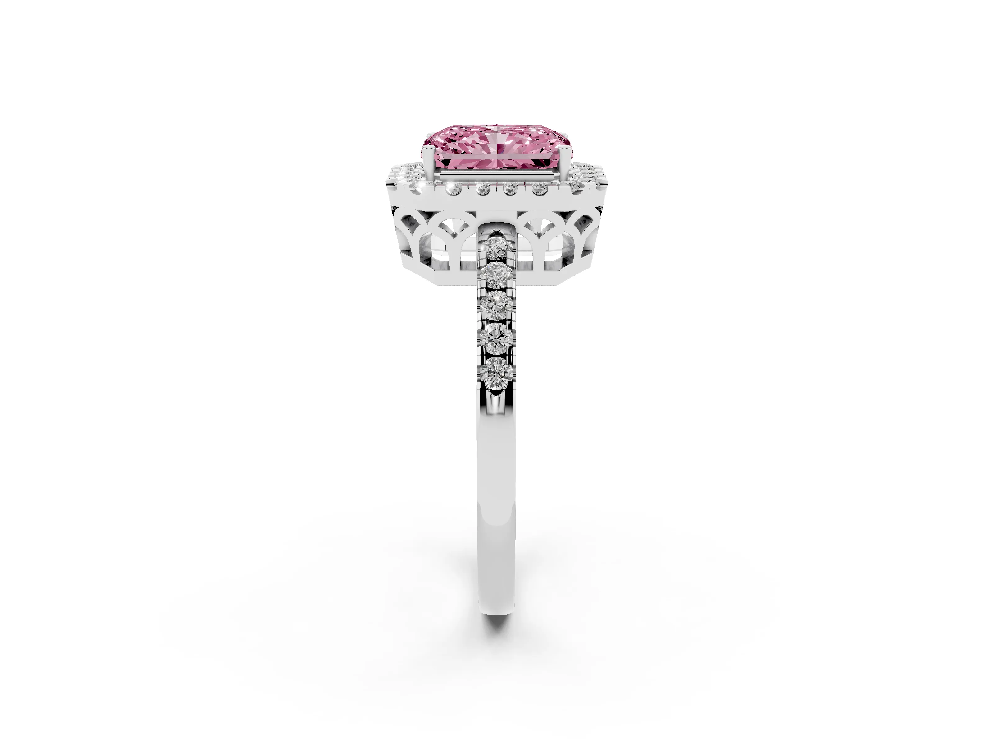 Fancy Pink Radiant Cut Diamond Pavé Band Halo Engagement Ring Set in Platinum with Prong Setting