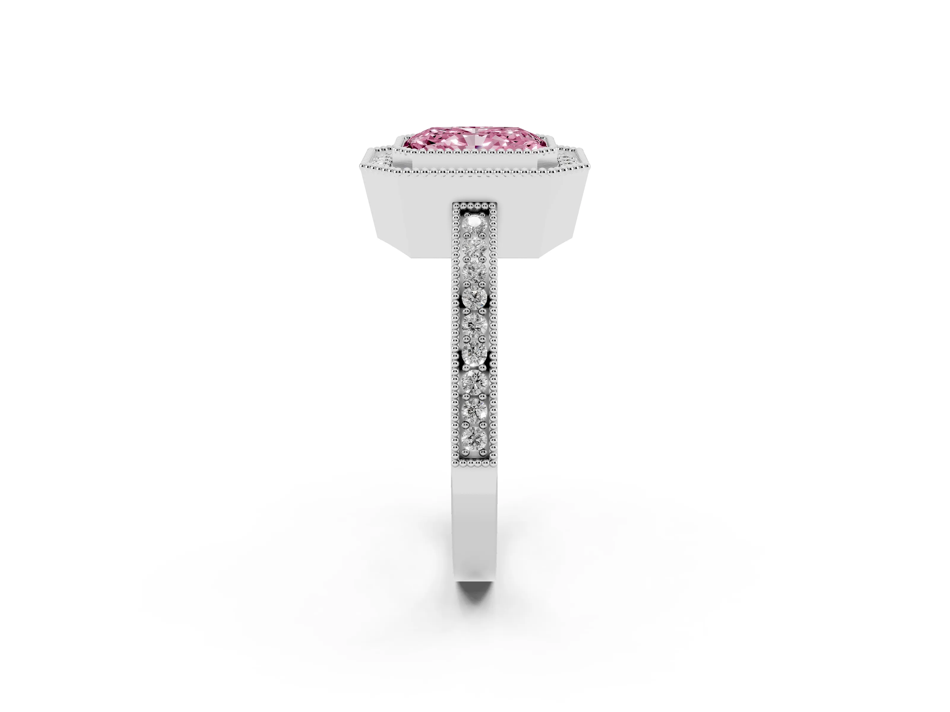 Fancy Pink Radiant Cut Diamond Halo Ring Set in White gold with Pavé Band and Milgrain-Edged Prongs