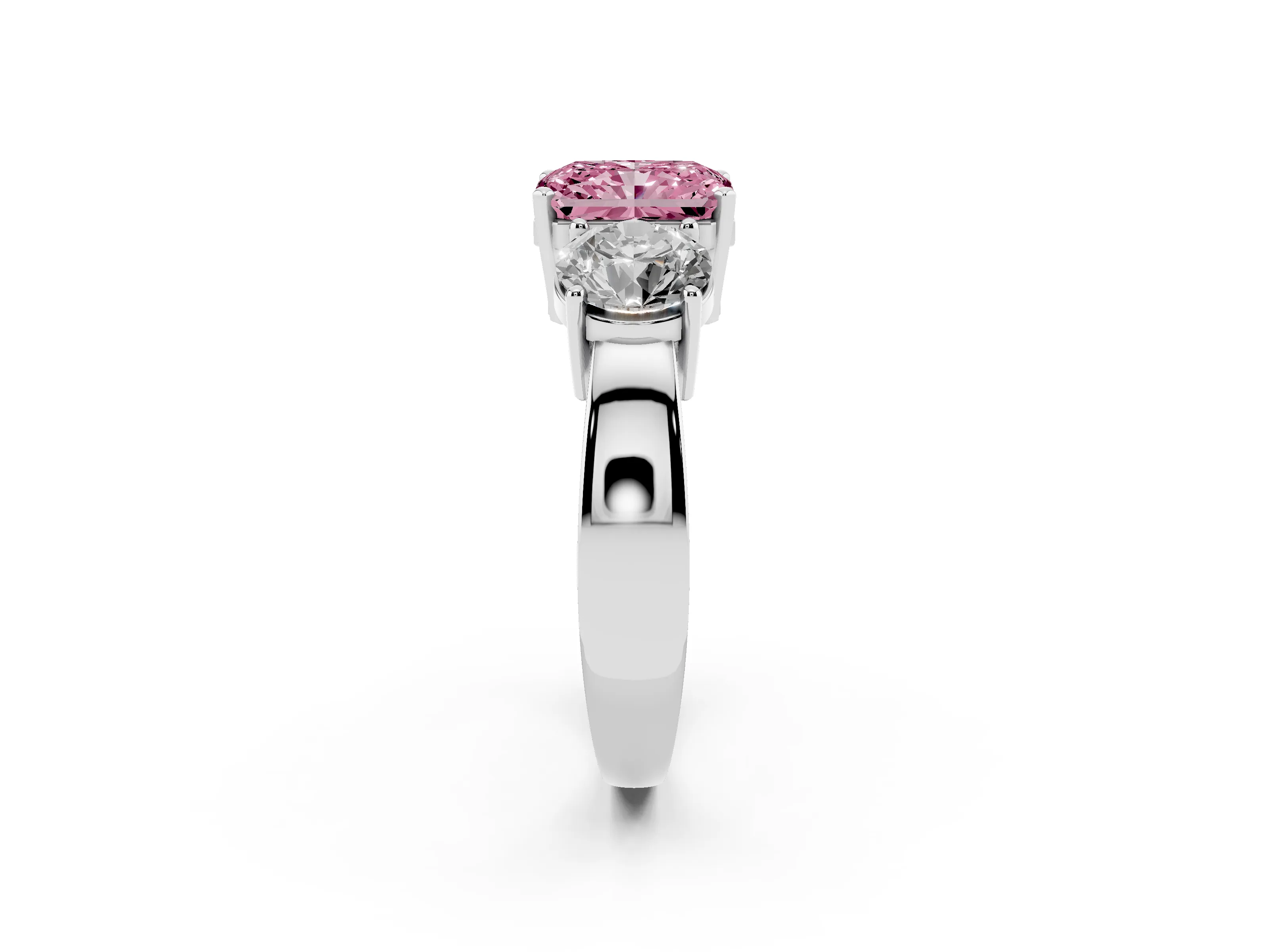 Fancy Pink Radiant Cut Diamond Three-Stone Ring Set in White gold with Round Side Stones and Classic Band