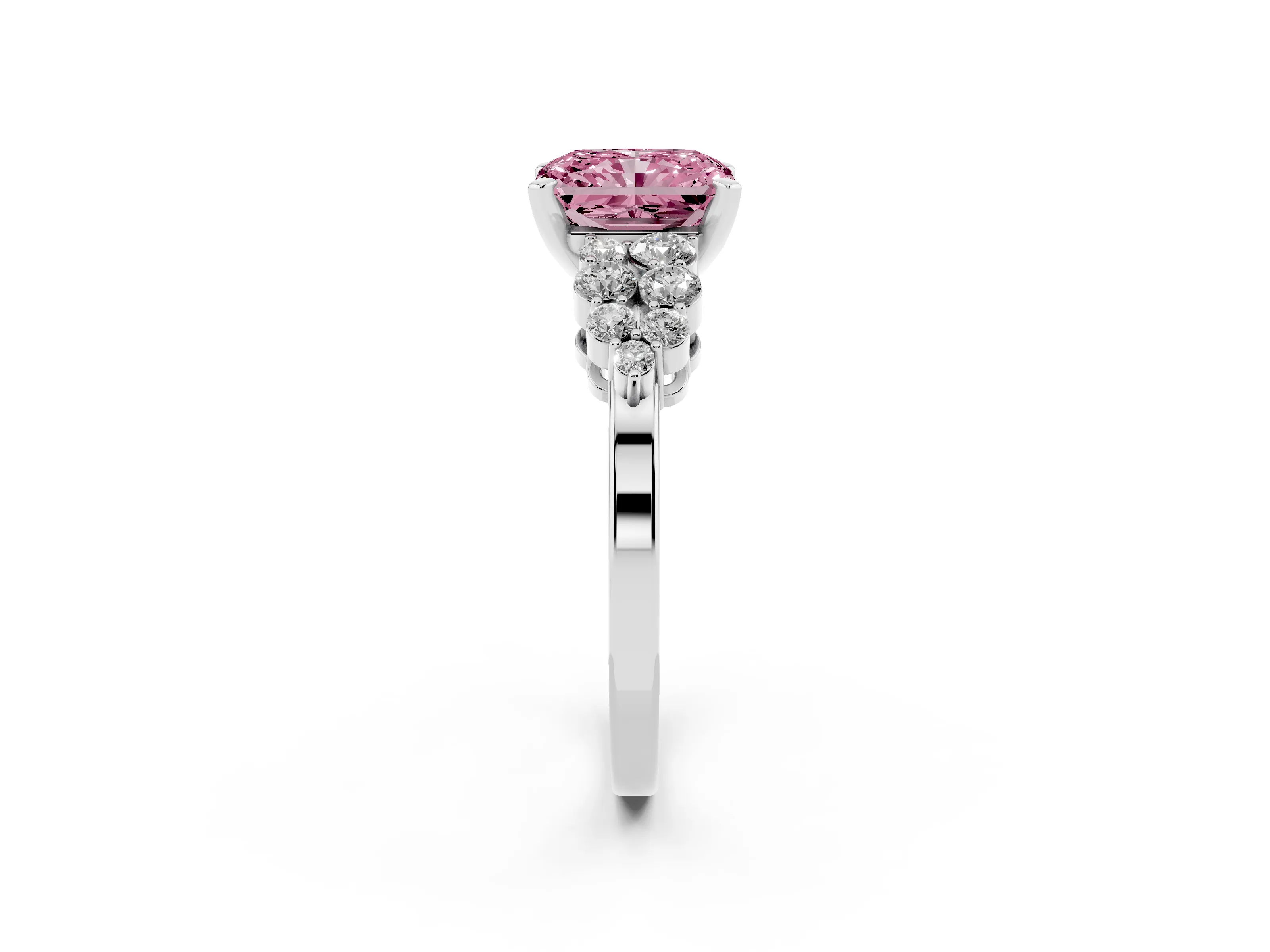 Fancy Pink Radiant Cut Diamond Cluster Engagement Ring Set in White gold with Pavé Band and Prong Setting