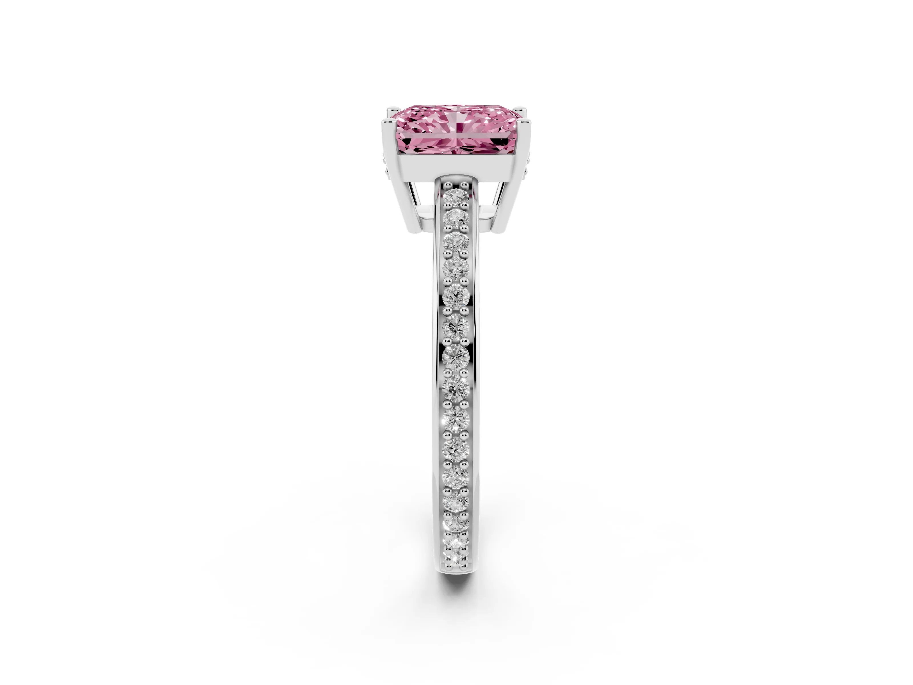 Fancy Pink Radiant Cut Diamond Pavé Band Prong Set Solitaire Ring Set in Silver