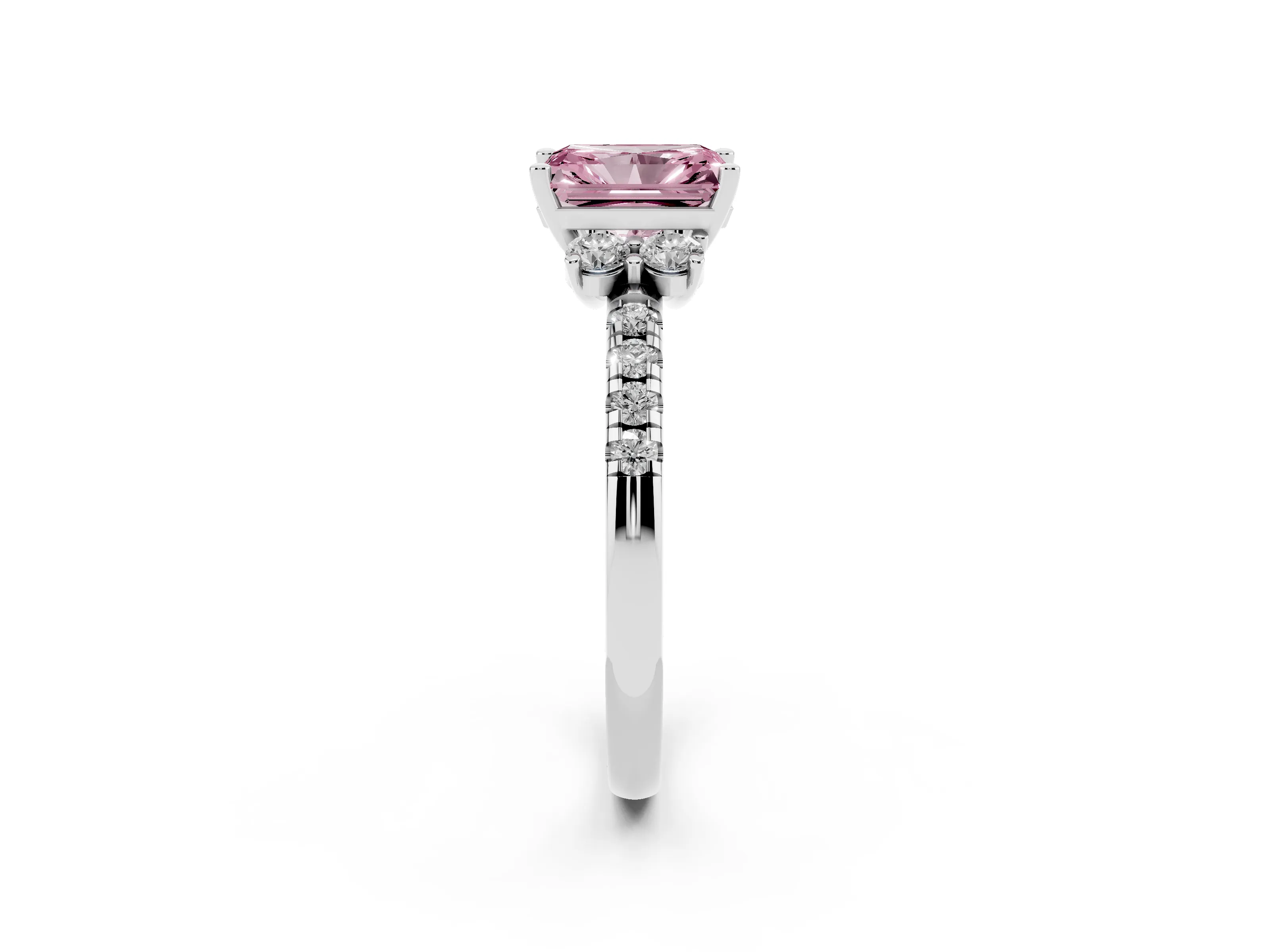 Fancy Pink Radiant Cut Diamond Three-Stone Pavé Ring Set in Silver with Prong Setting