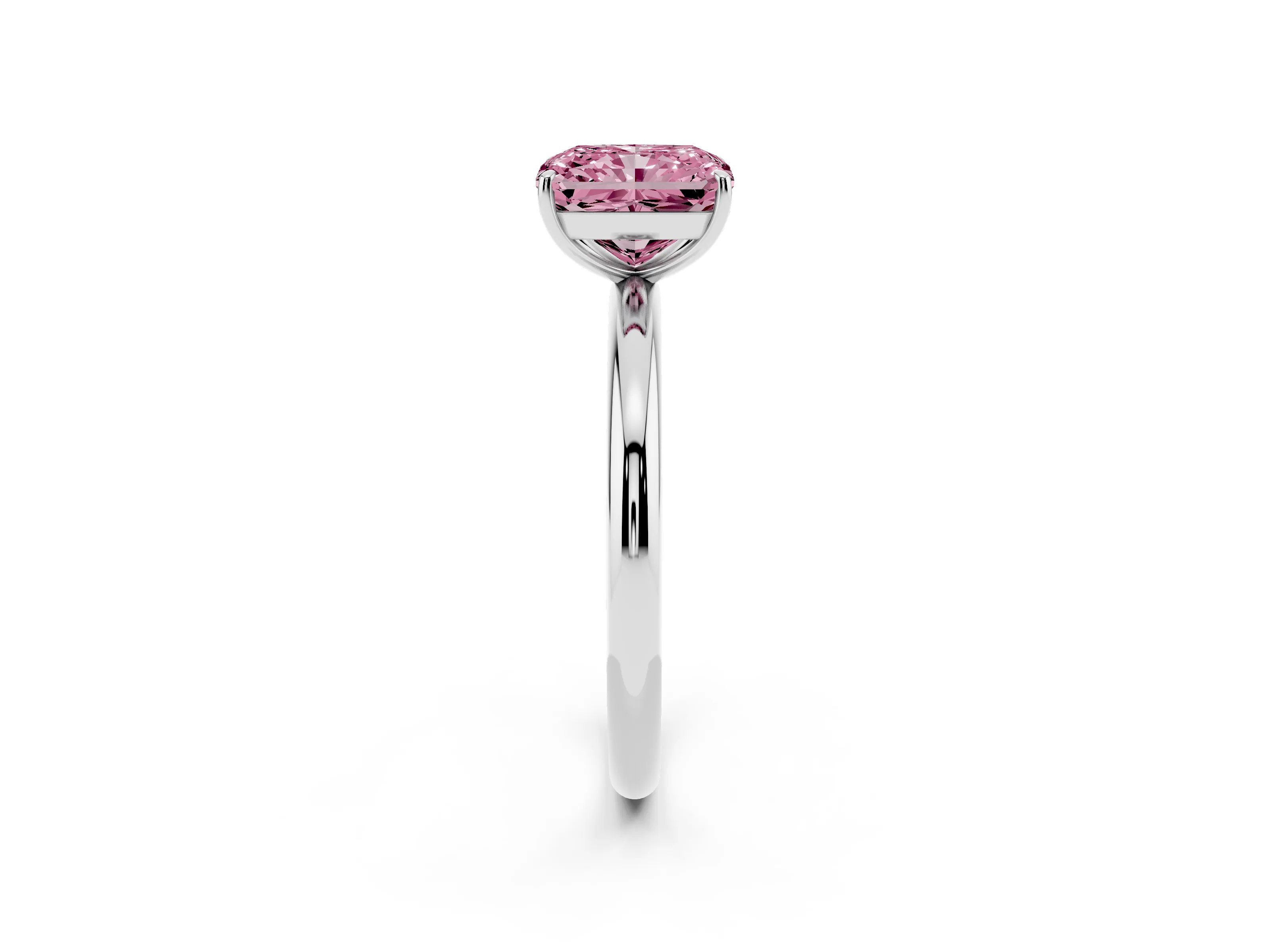 Fancy Pink Radiant Cut Diamond Solitaire Ring Set in White gold with Prong Setting on a Polished Plain Band