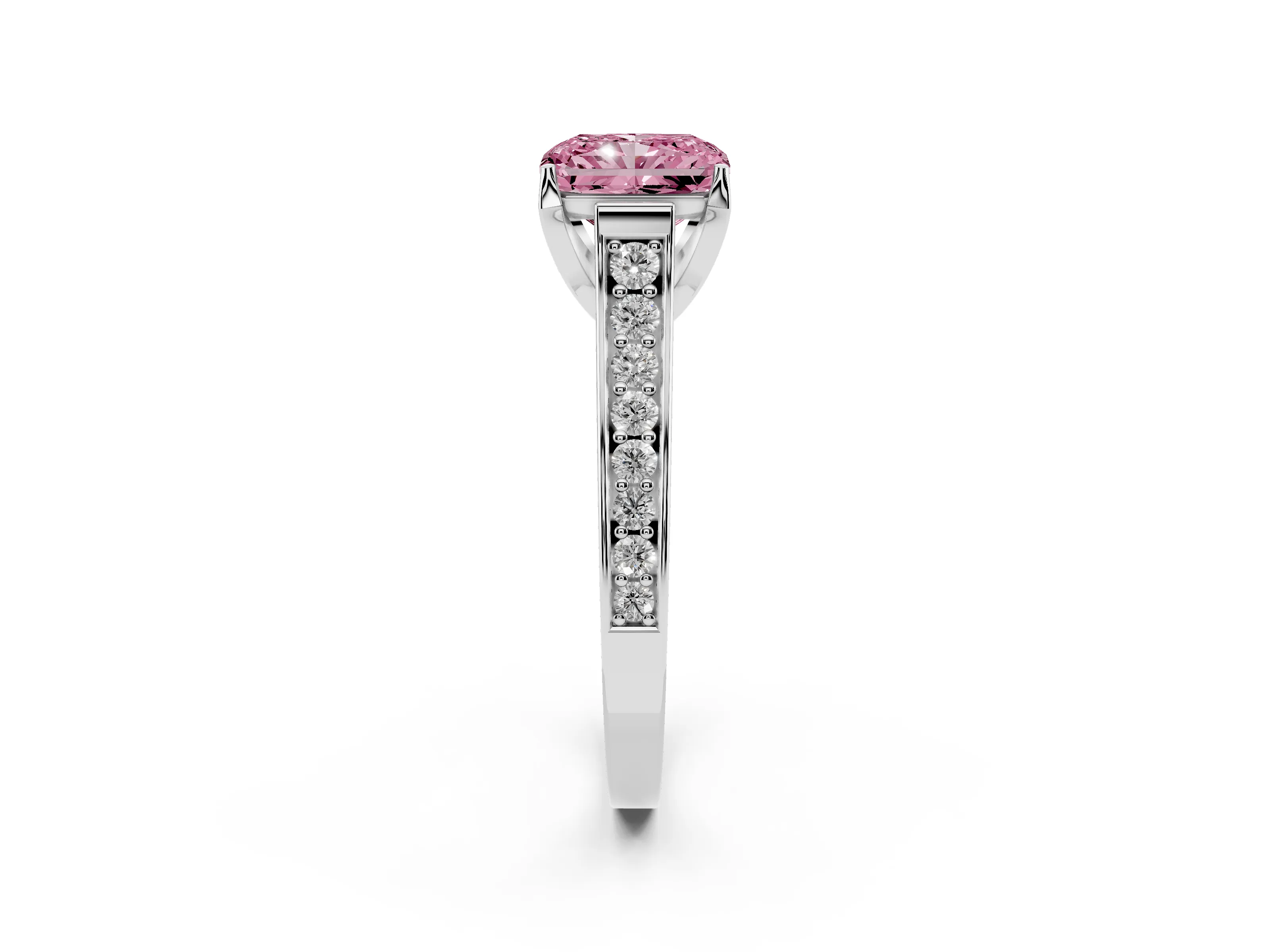Fancy Pink Radiant Cut Diamond Solitaire Pavé Engagement Ring Set in Platinum with Prong Setting