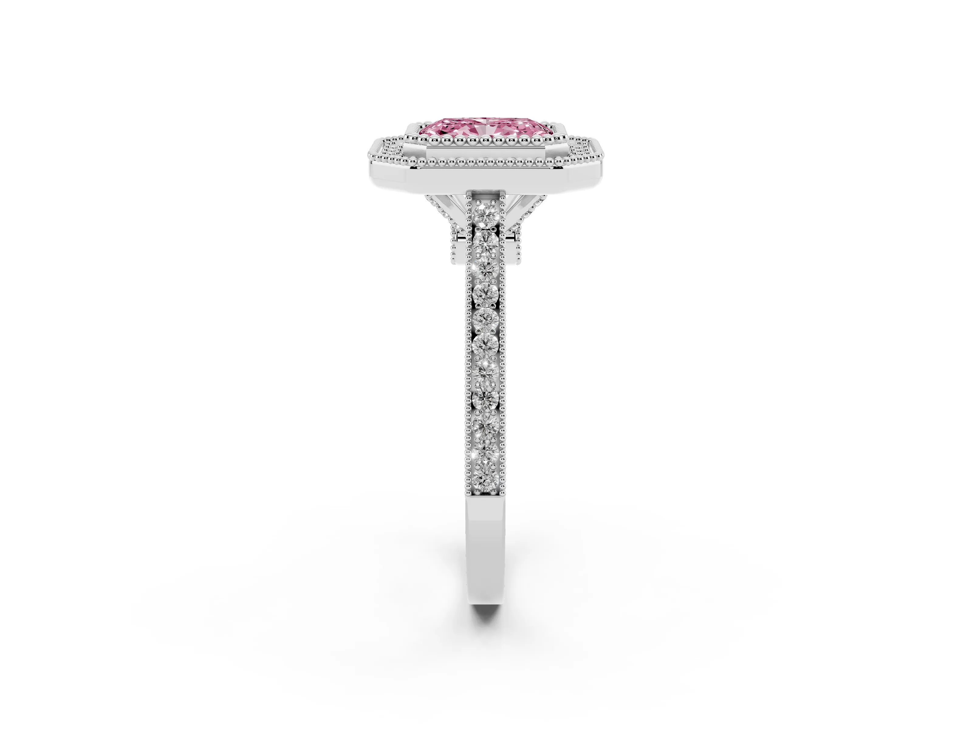 Fancy Pink Radiant Cut Diamond Halo Ring Set in White gold with Milgrain Frame and Pavé Band