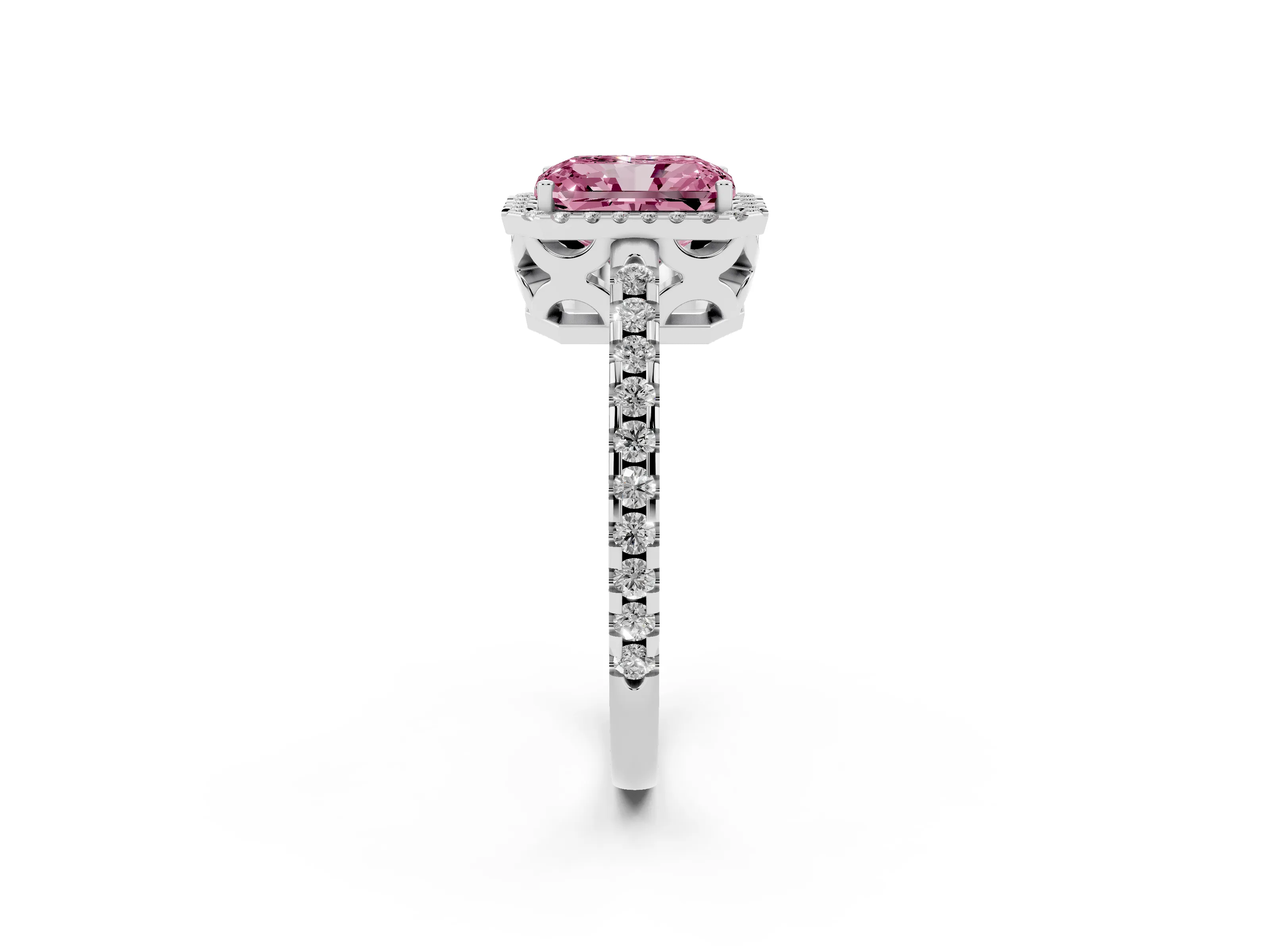 Fancy Pink Radiant Cut Diamond Halo Ring Set in Platinum with Pavé Shoulders and Halo-Framed Center