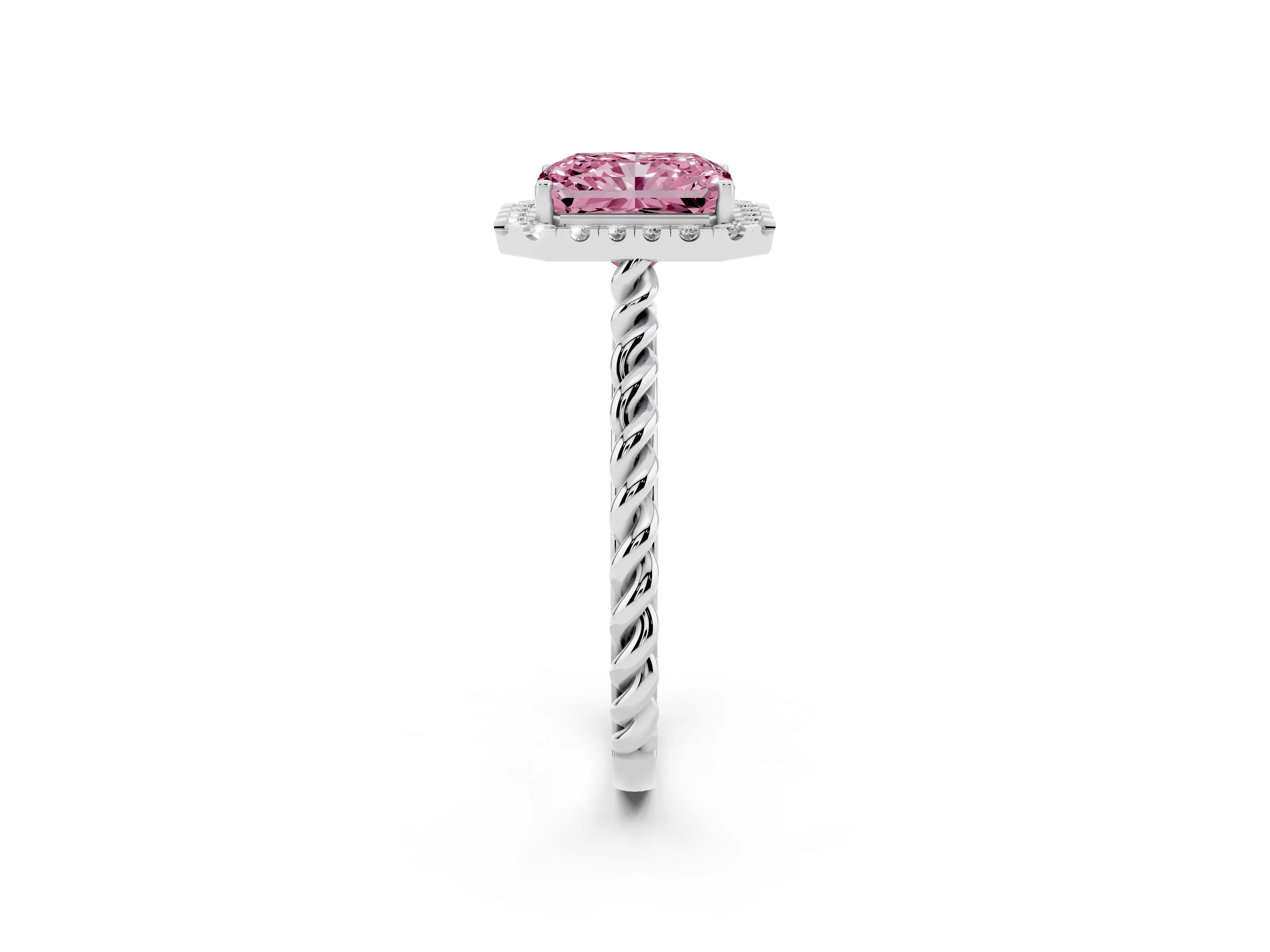 Fancy Pink Radiant Cut Diamond Halo Ring Set in Platinum with Plain Twisted Band