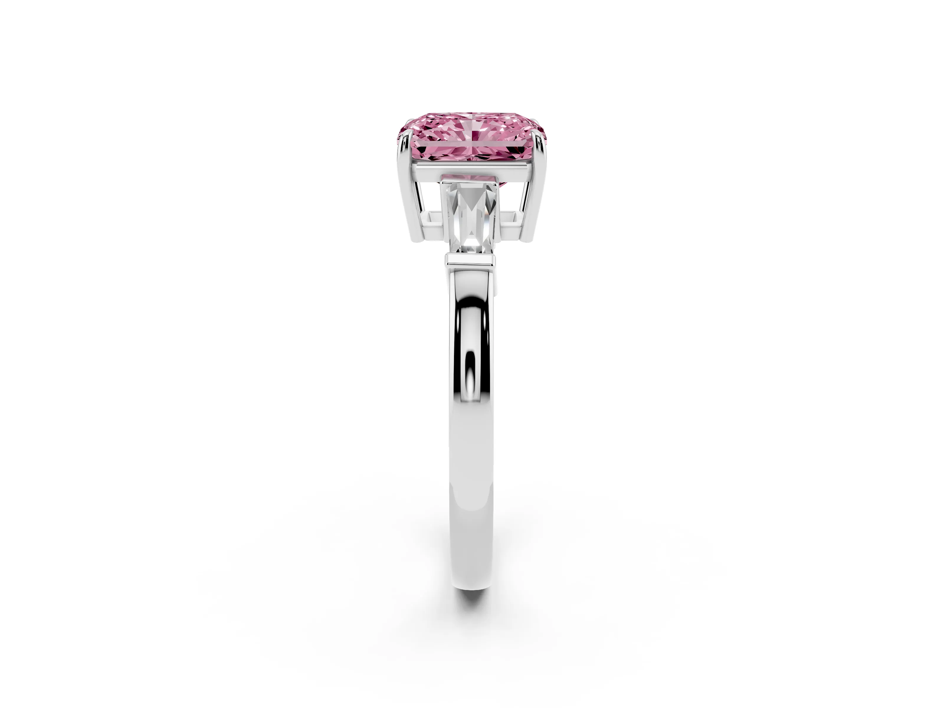Fancy Pink Radiant Cut Diamond Three-Stone Ring Set in White gold with Tapered Baguette Side Stones and Prong Setting