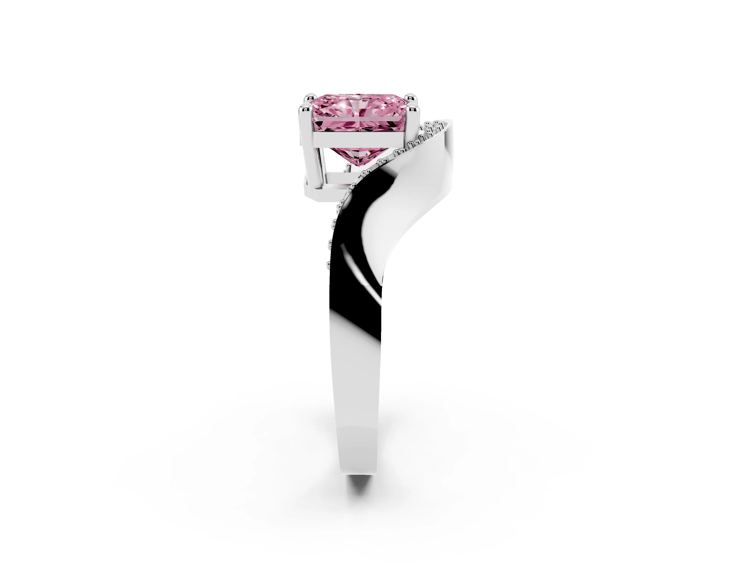 Fancy Pink Radiant Cut Diamond Solitaire Engagement Ring Set in Silver with Pavé Shoulders