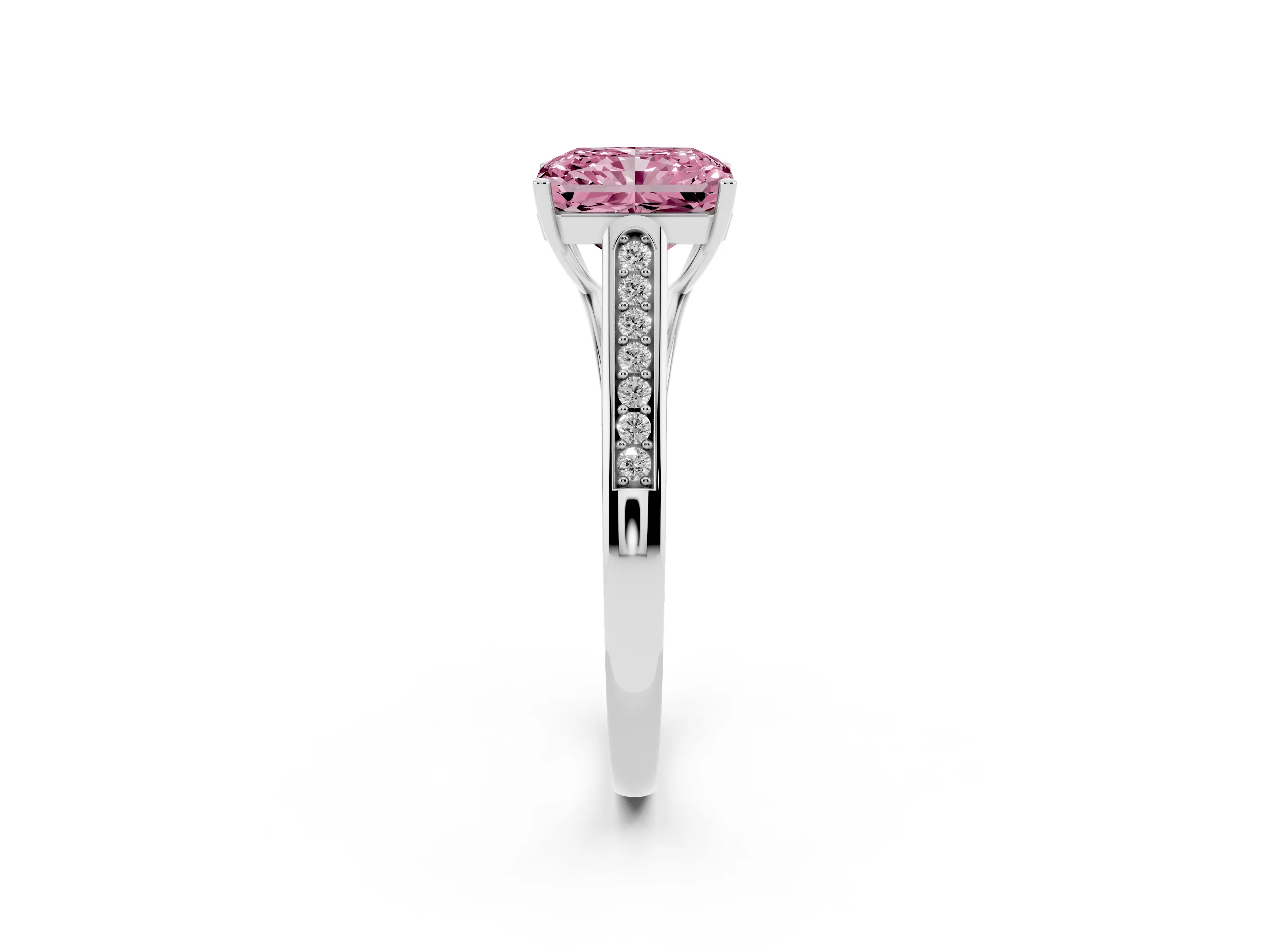 Fancy Pink Radiant Cut Diamond Solitaire Cathedral Engagement Ring Set in Platinum with Channel-Set Band and Prong Setting