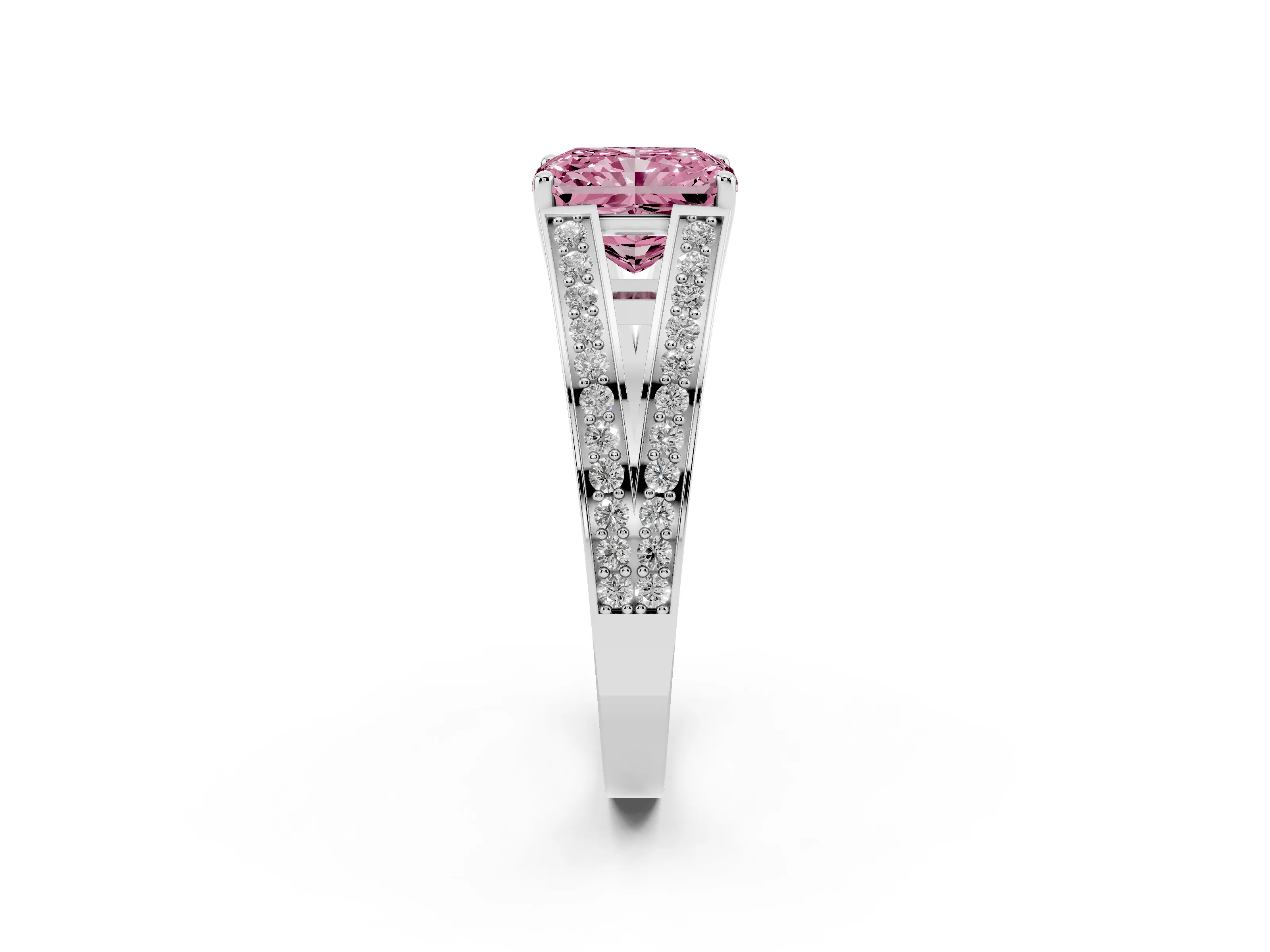 Fancy Pink Radiant Cut Diamond Split Shank Ring Set in Platinum with Pavé Band and Prong Setting