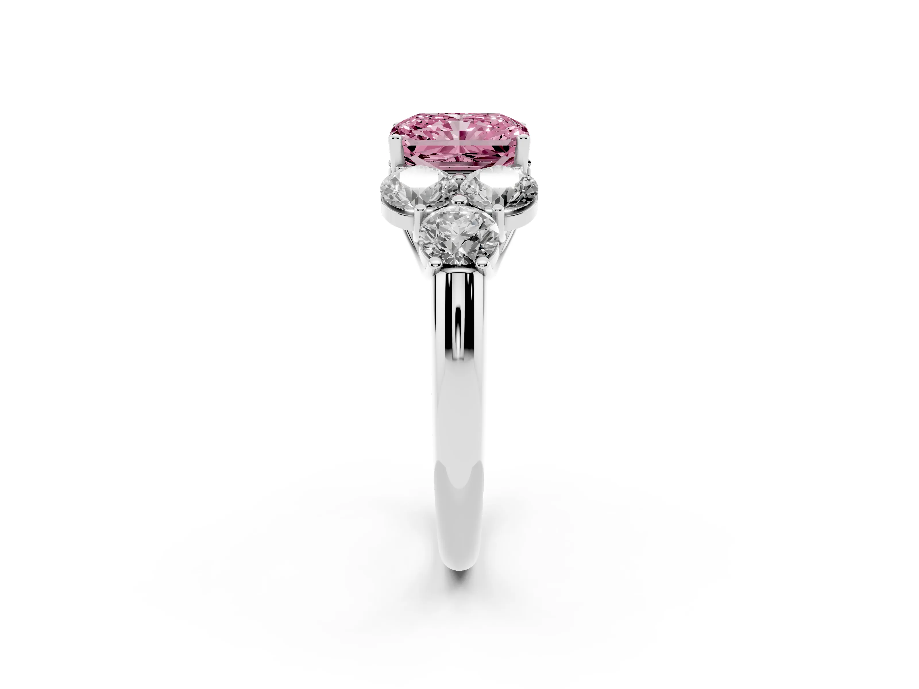 Fancy Pink Radiant Cut Diamond Cluster Ring Set in Silver with Round Accent Stones and Prong Setting on a Plain Band