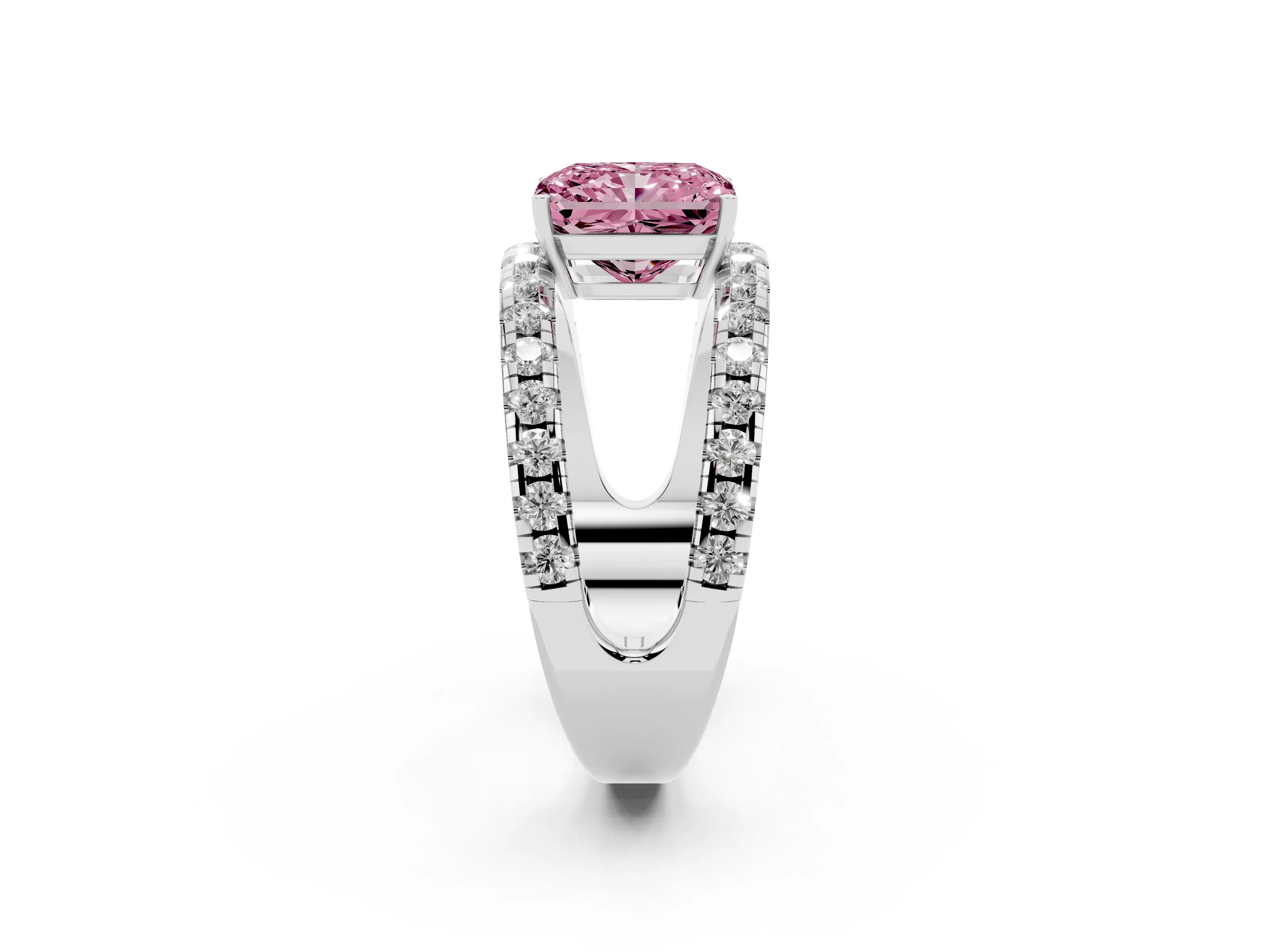 Fancy Pink Radiant Cut Diamond Split Shank Pavé Solitaire Ring Set in Platinum with Open Shank Design