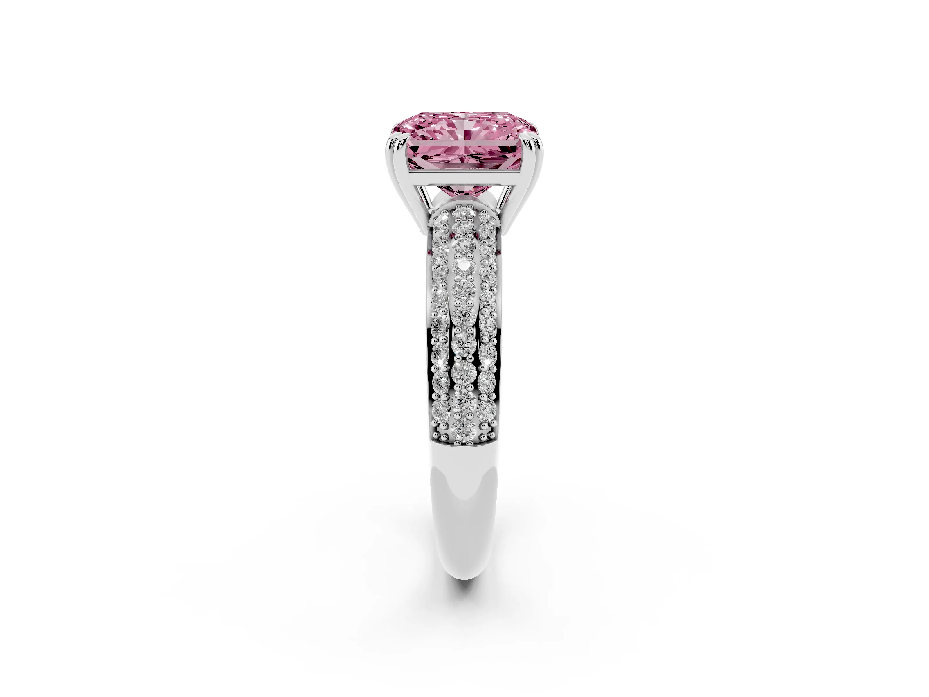 Fancy Pink Radiant Cut Diamond Solitaire Ring Set in Platinum with Multi-Row Round Pavé Band and Prong Setting