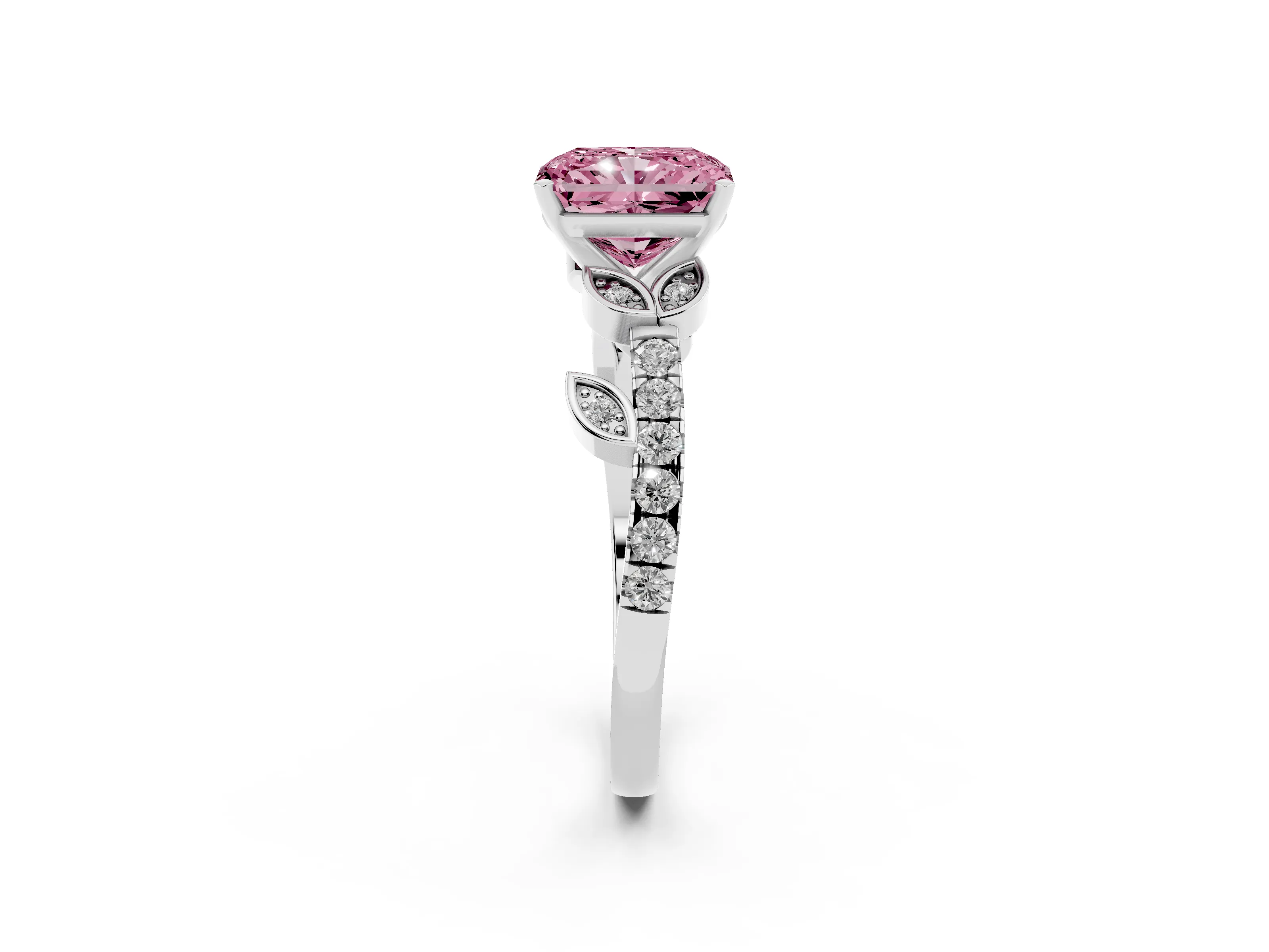 Fancy Pink Radiant Cut Diamond Solitaire Leaf-Inspired Ring Set in Platinum with Pavé Band and Prong Setting