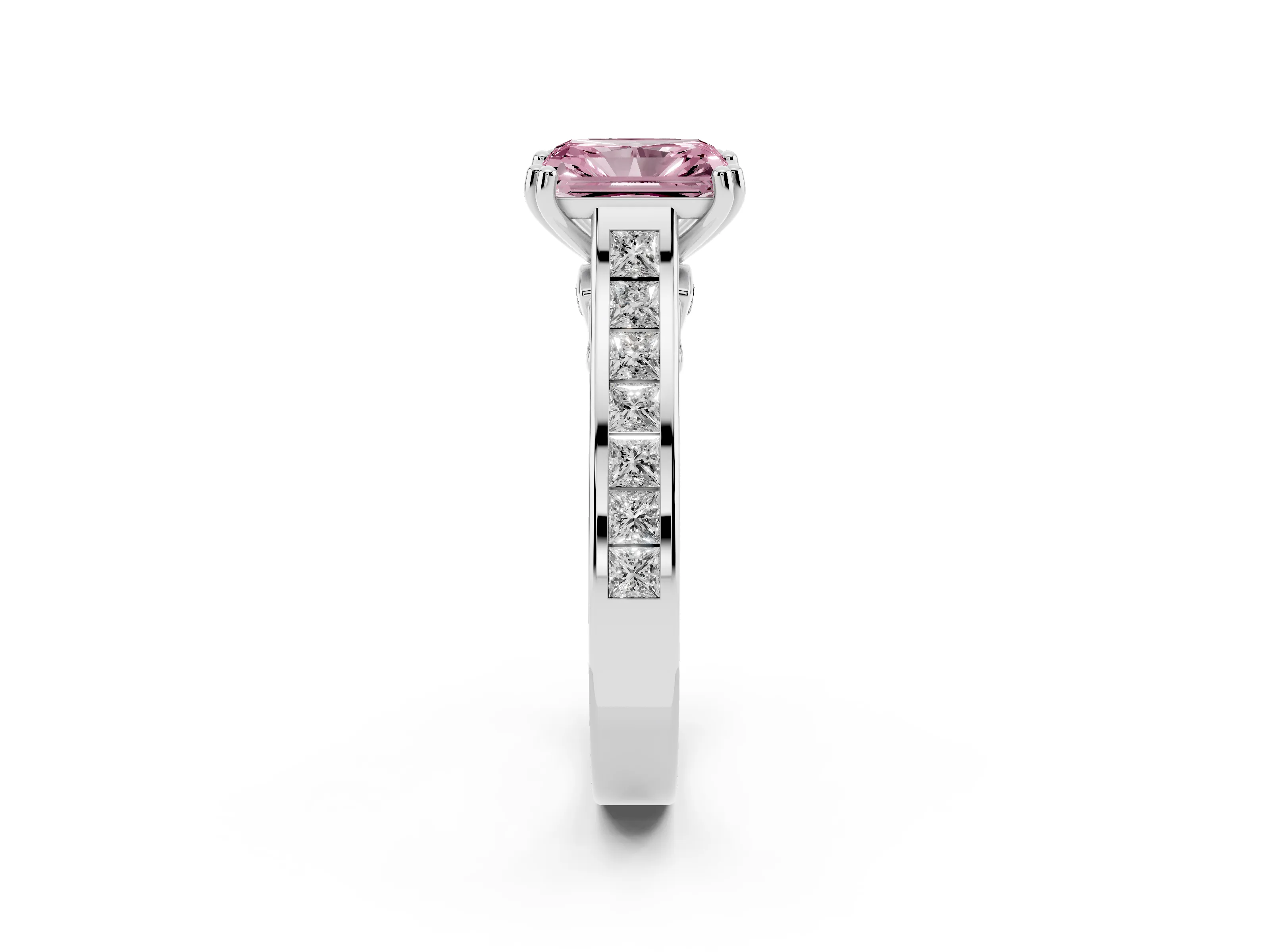 Fancy Pink Radiant Cut Diamond Channel Set Solitaire Engagement Ring Set in Platinum with Prong Setting