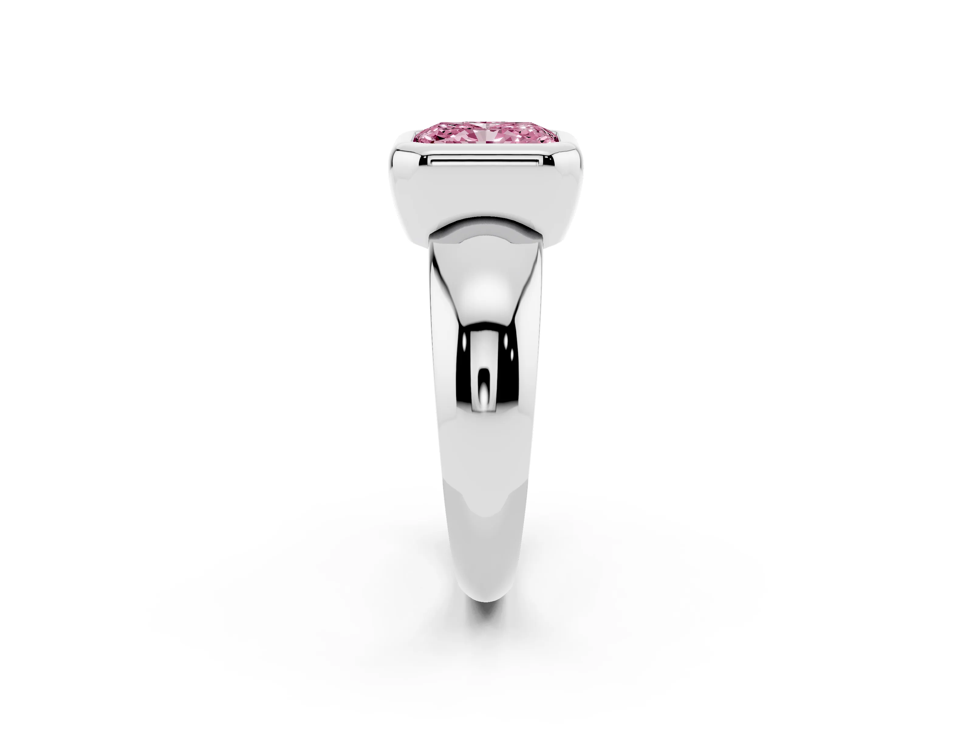 Fancy Pink Bezel Set Radiant Cut Diamond Solitaire Ring Set in Silver with Wide Band