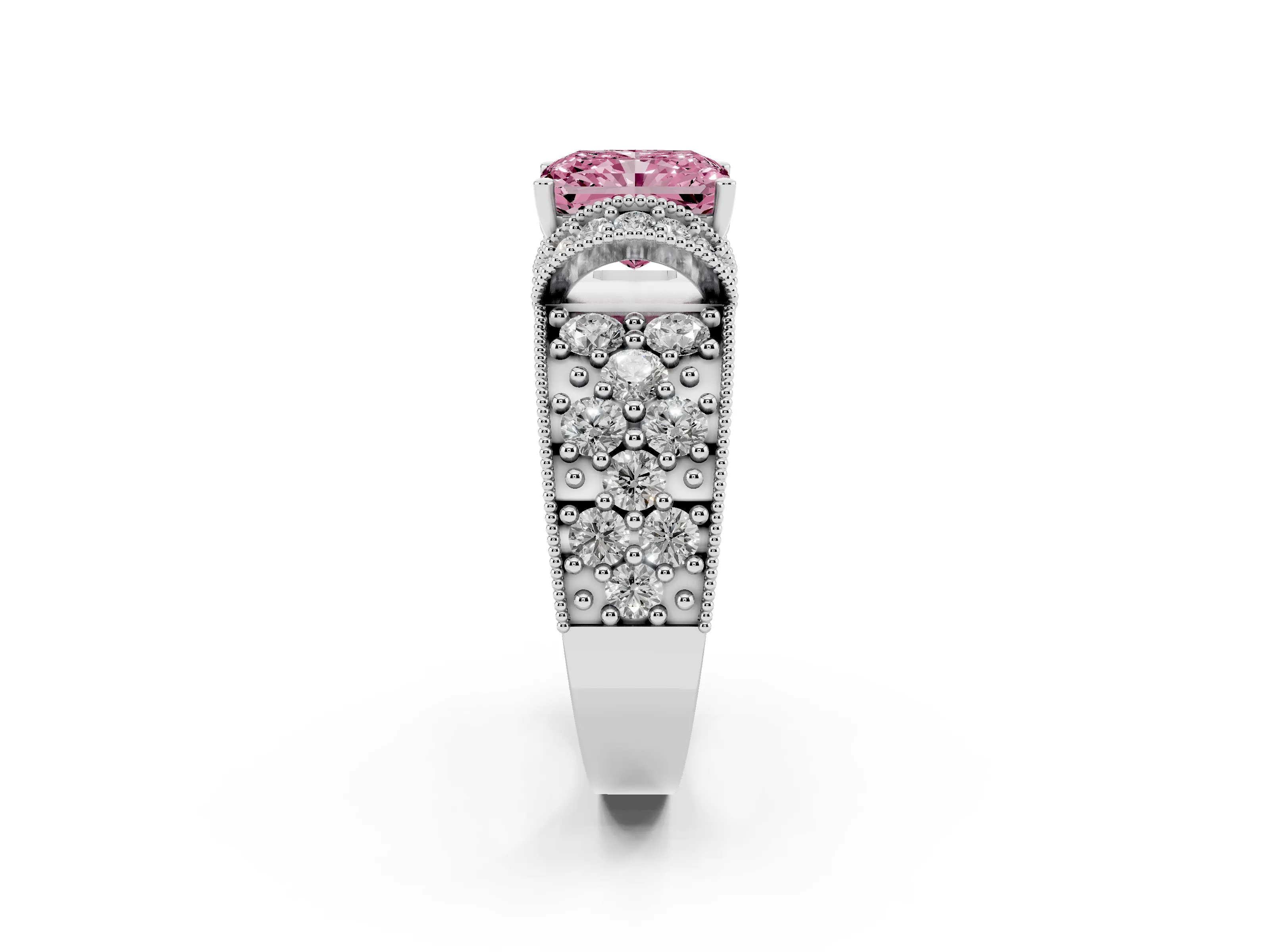 Fancy Pink Radiant Cut Diamond Milgrain Halo Pavé Engagement Ring Set in White gold with Prong Setting