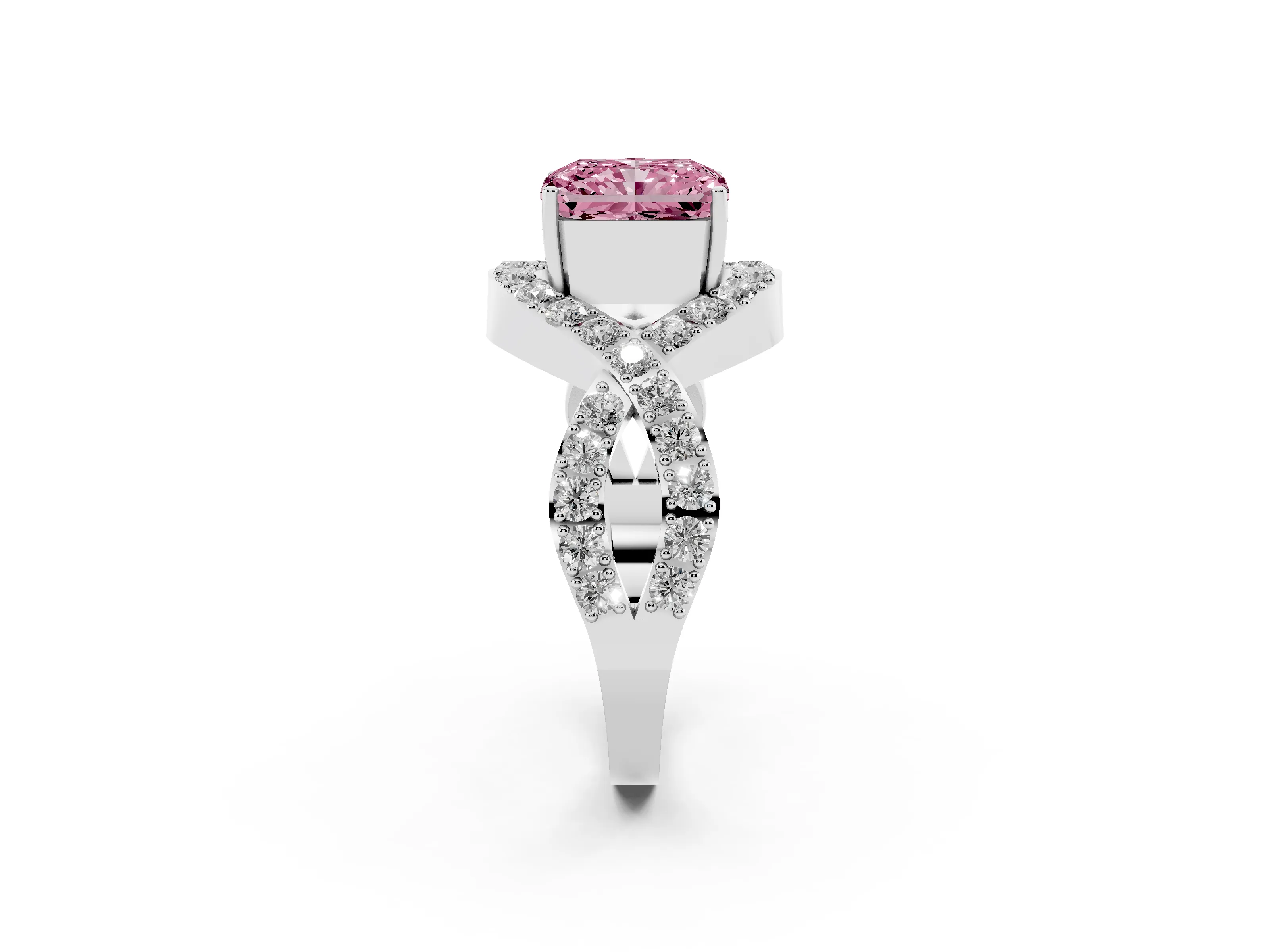 Fancy Pink Radiant Cut Diamond Solitaire Twist Band Pavé Engagement Ring Set in White gold