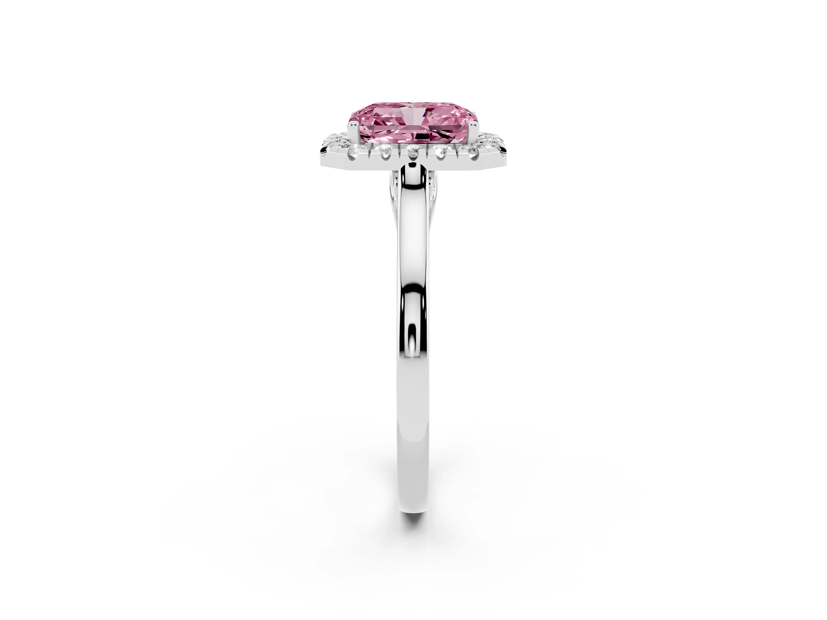 Fancy Pink Radiant Cut Halo Round Diamond Solitaire Ring Set in White gold with Pavé Band and Prong Setting
