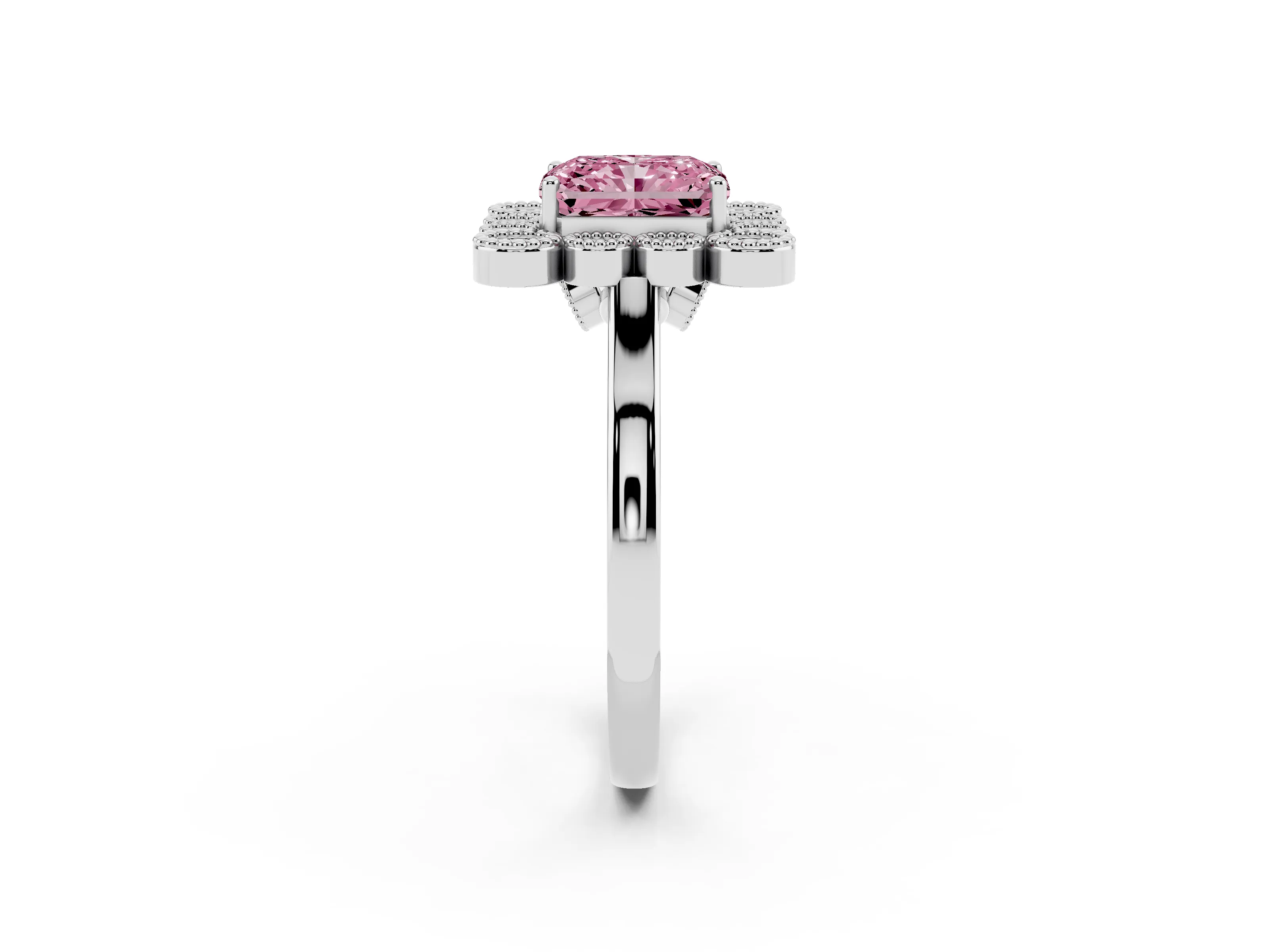 Fancy Pink Radiant Cut Diamond Cluster Halo Ring Set in White gold with Milgrain Bezel Accents and Plain Band