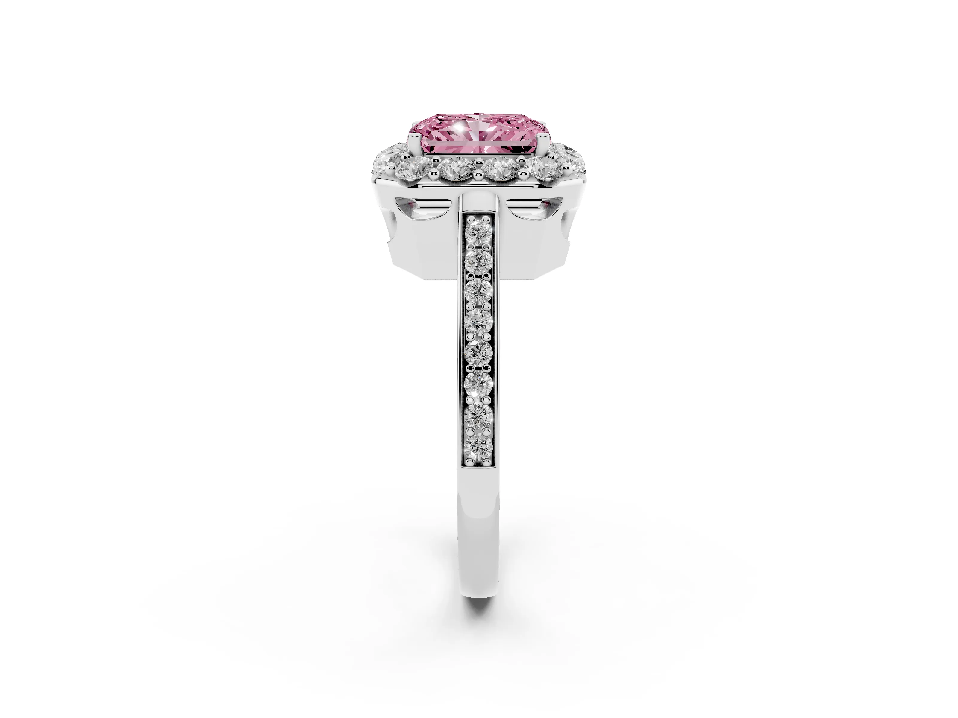 Fancy Pink Radiant Cut Diamond Floral Halo Ring Set in Platinum with Pavé Band and Prong Setting