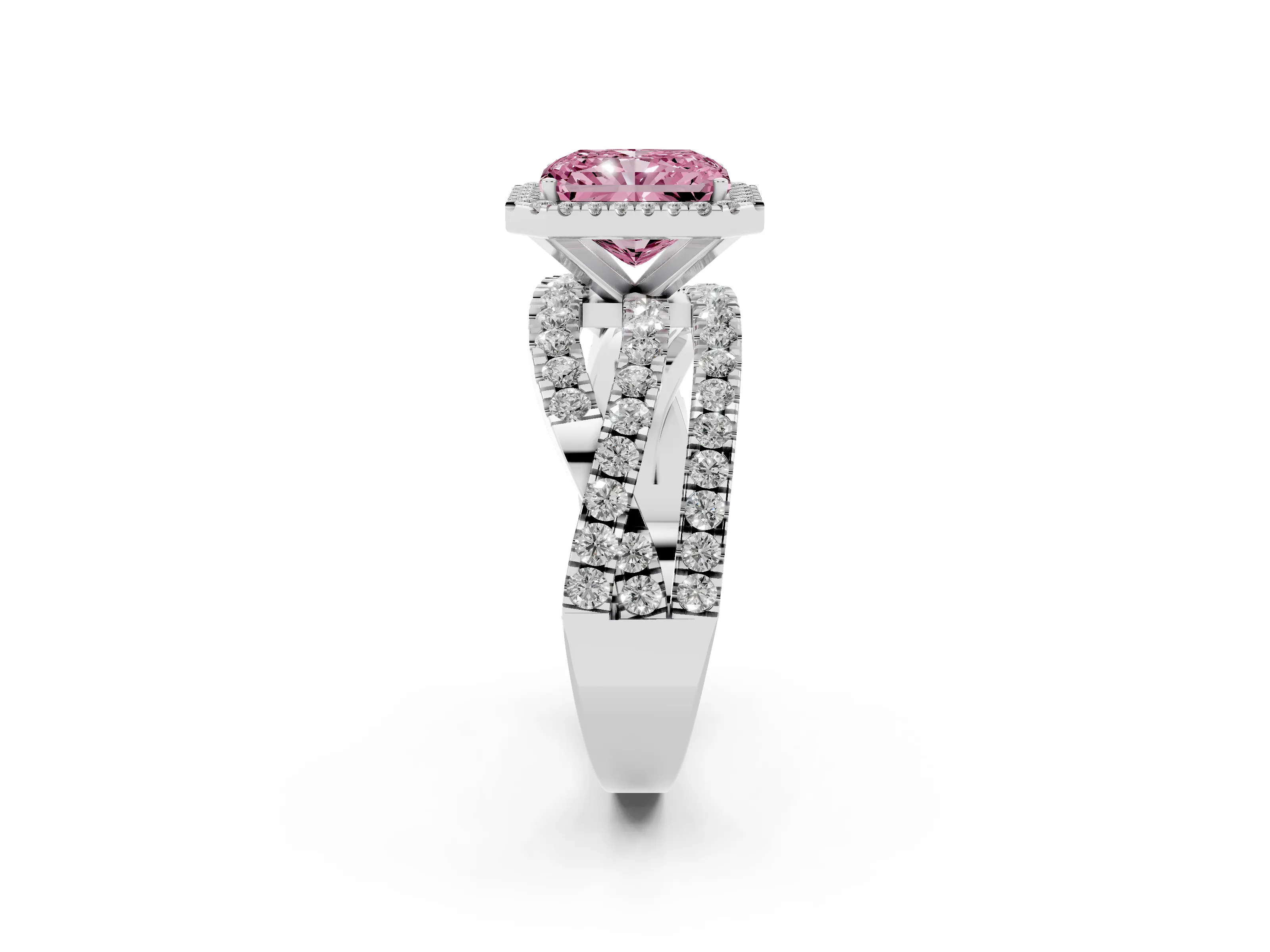 Fancy Pink Radiant Cut Diamond Halo Ring Set in Platinum with Round Crossover Split Shank and Prong Setting