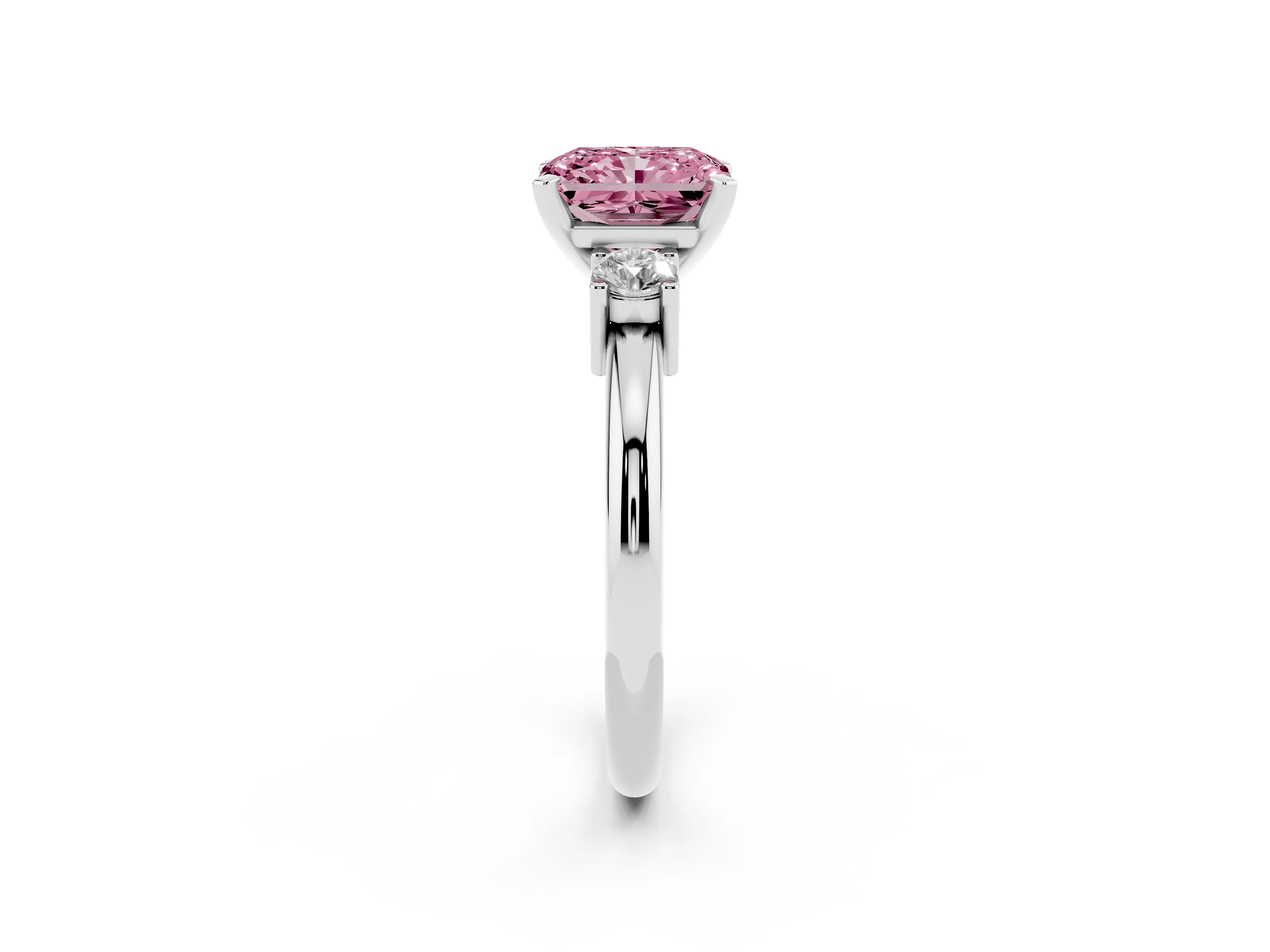 Fancy Pink Three-Stone Radiant Cut Diamond Ring Set in Platinum with Prong Setting and Plain Band