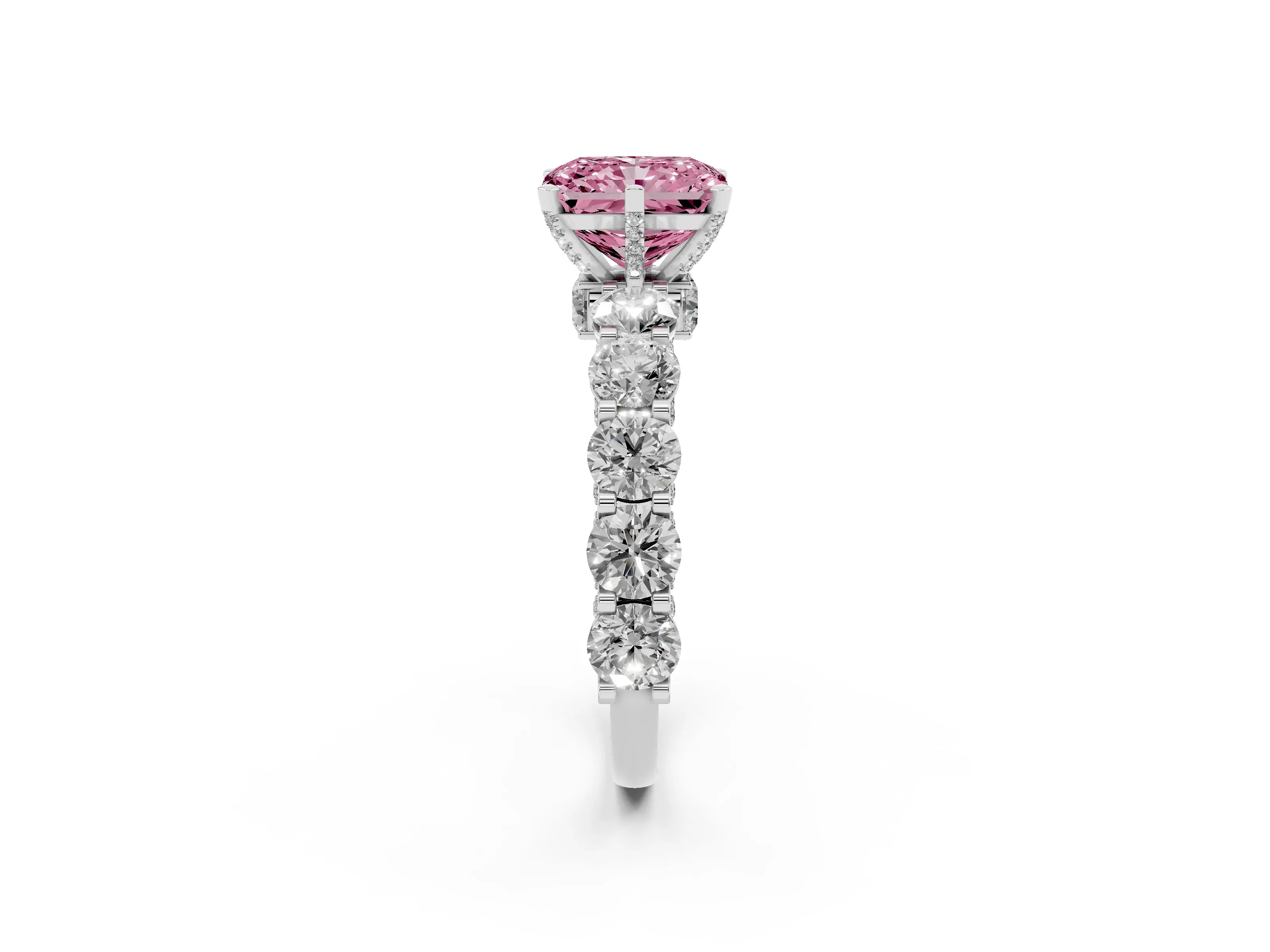 Fancy Pink Radiant Cut Diamond Side Stone Ring Set in Platinum with Alternating Round and Oval Side Stones