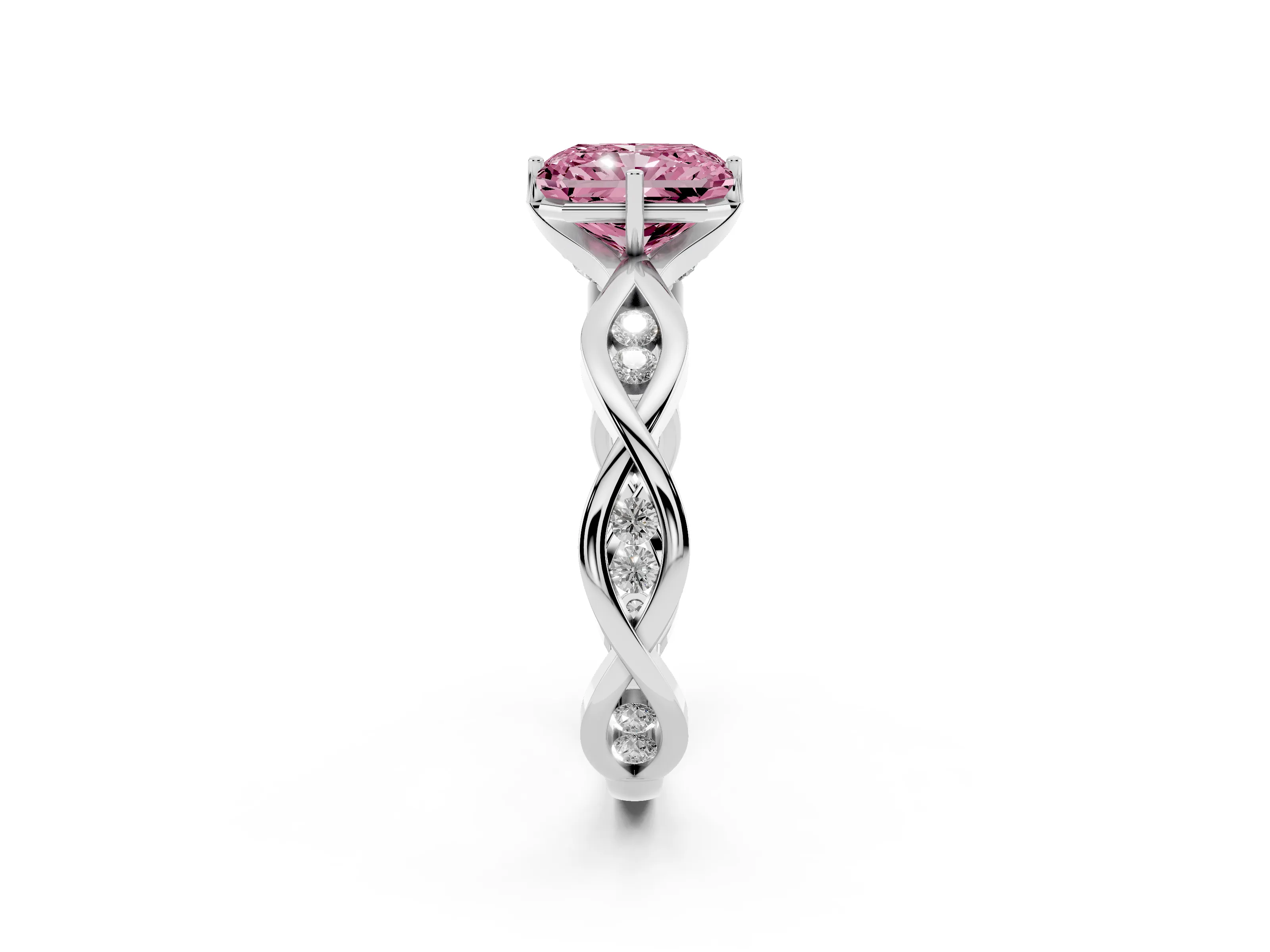 Fancy Pink Radiant Cut Diamond Twist Band Solitaire Ring Set in Platinum with Leaf Prong Setting and Accent Stones