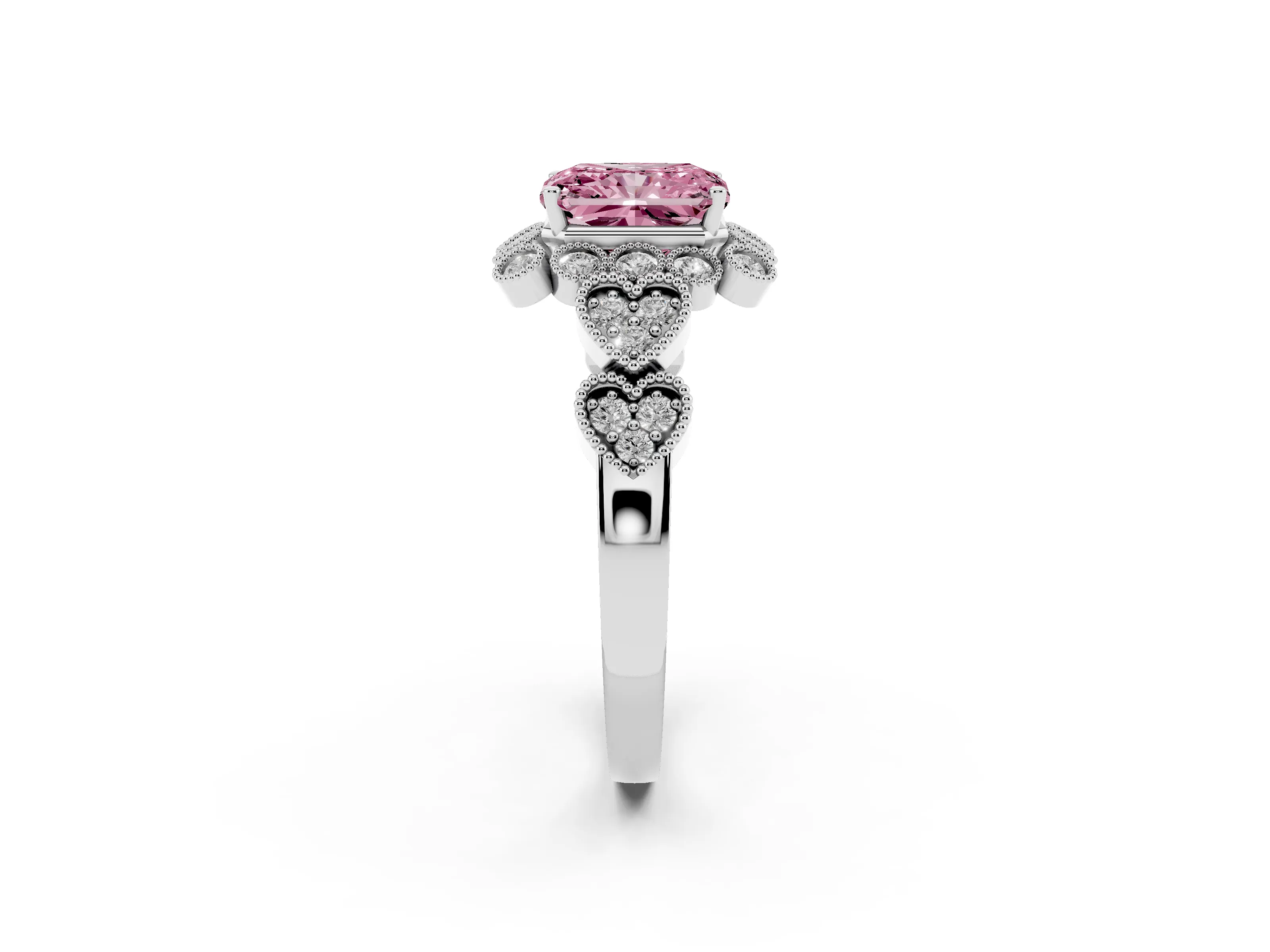 Fancy Pink Radiant Cut Diamond Solitaire Ring Set in Silver with Milgrain Pavé Heart Band