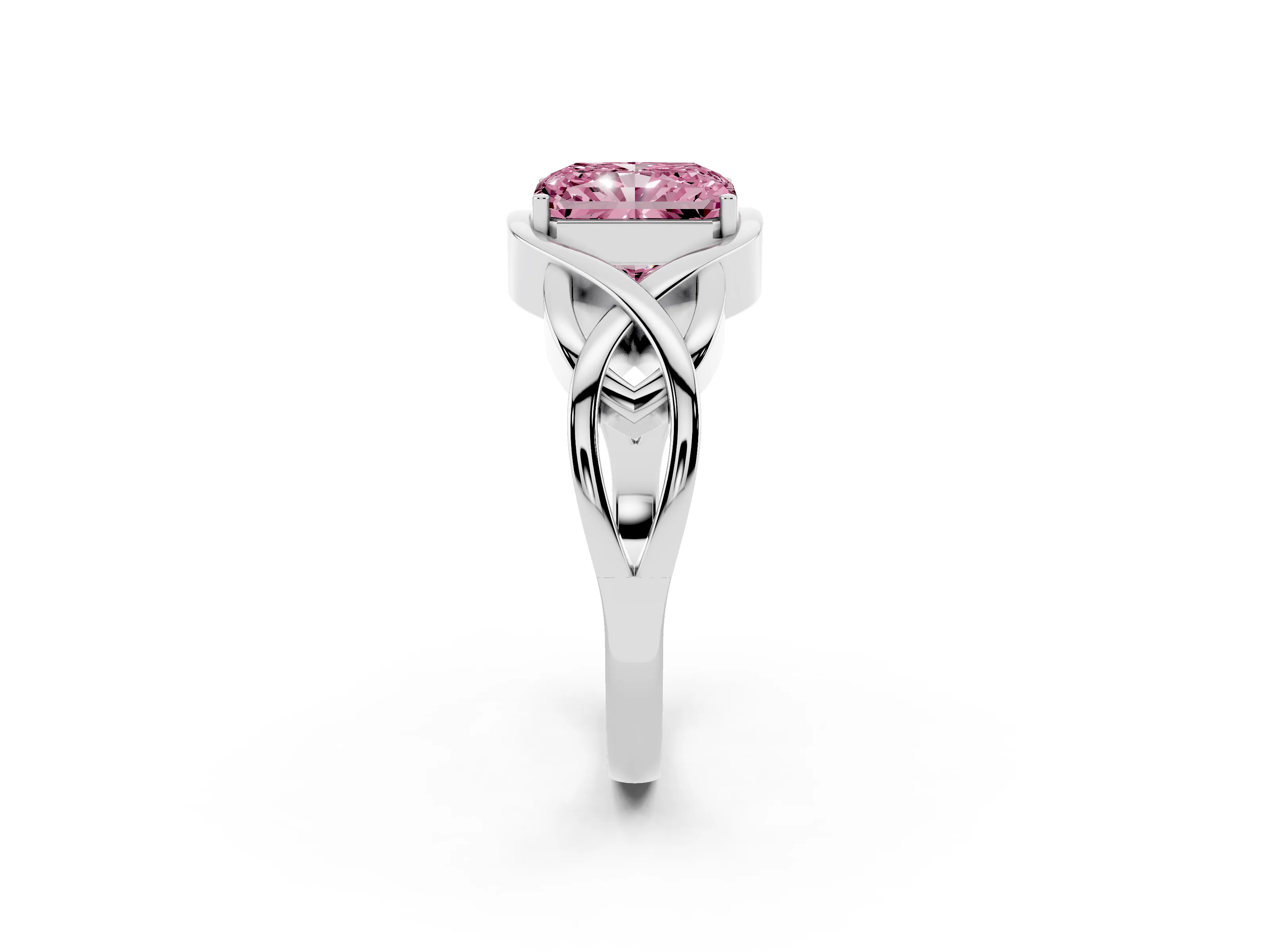 Fancy Pink Radiant Cut Diamond Solitaire Ring Set in White gold with Intertwined Band
