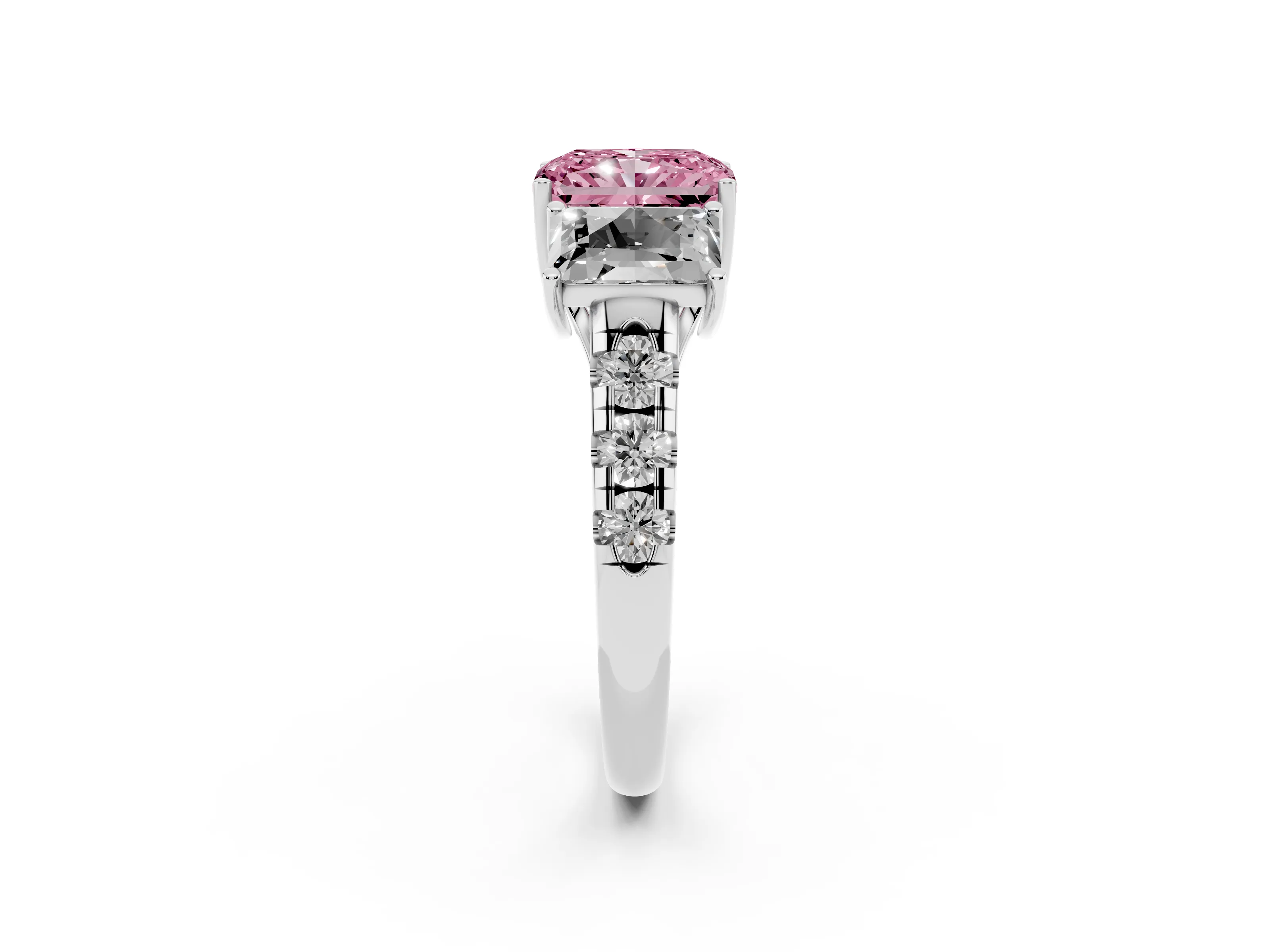 Fancy Pink Radiant Cut Diamond Three-Stone Ring Set in Platinum with Pavé Band