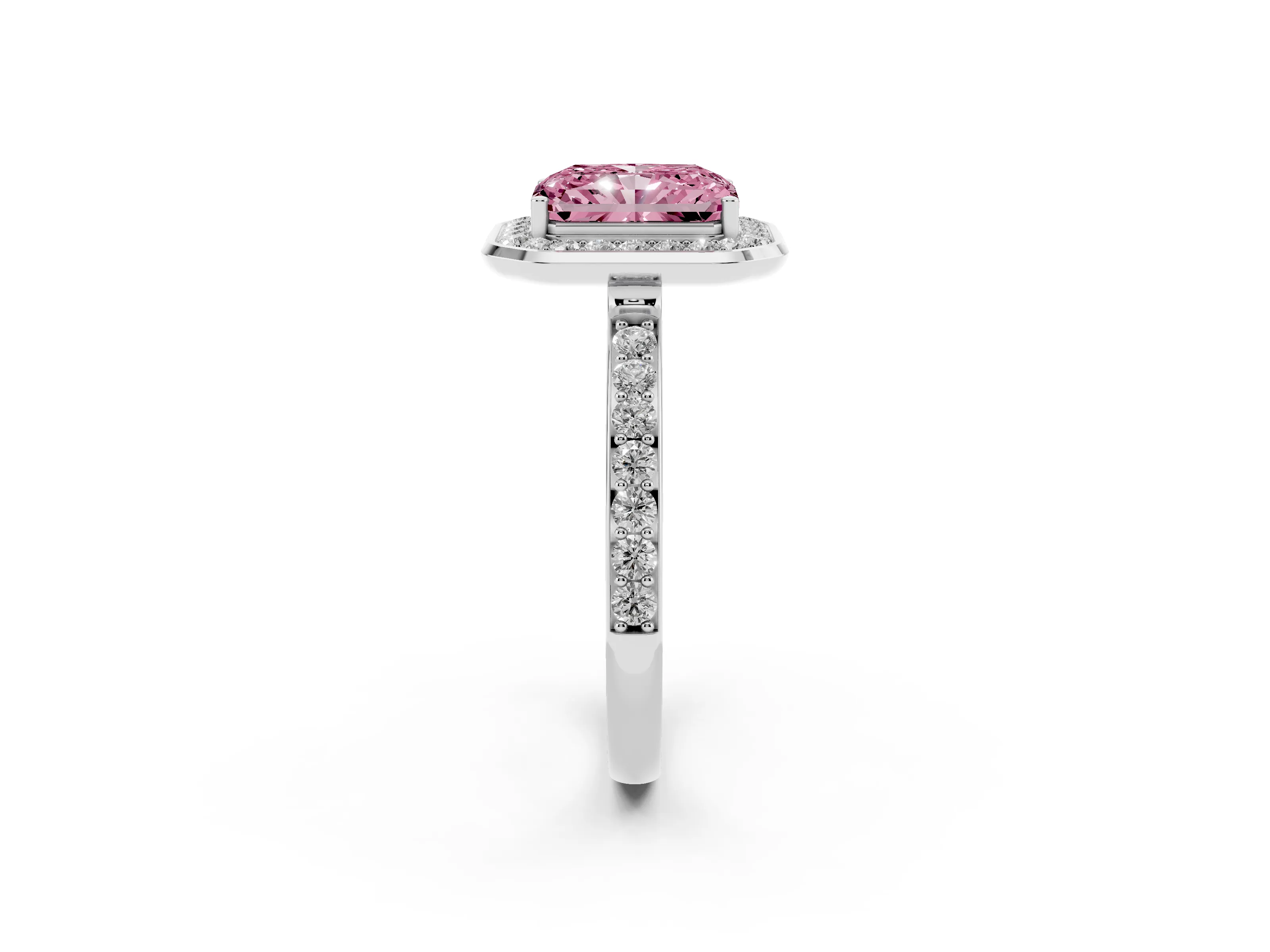 Fancy Pink Radiant Cut Diamond Halo Ring Set in Silver with Bezel Frame and Pavé Band