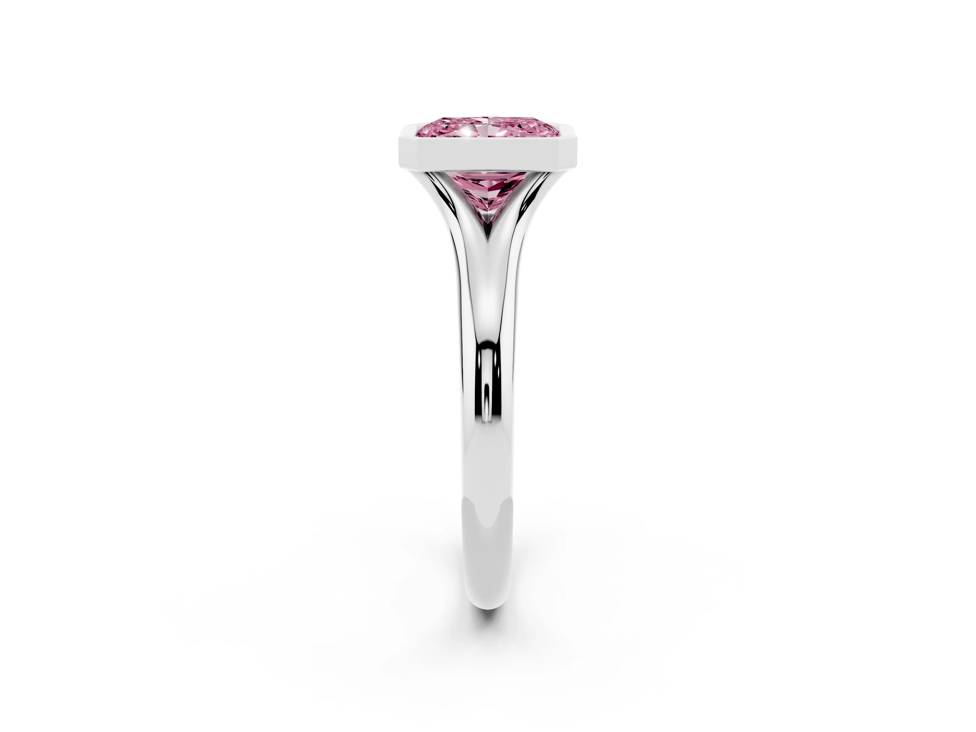 Fancy Pink Bezel Set Radiant Cut Diamond Solitaire Ring Set in Platinum with Smooth Band
