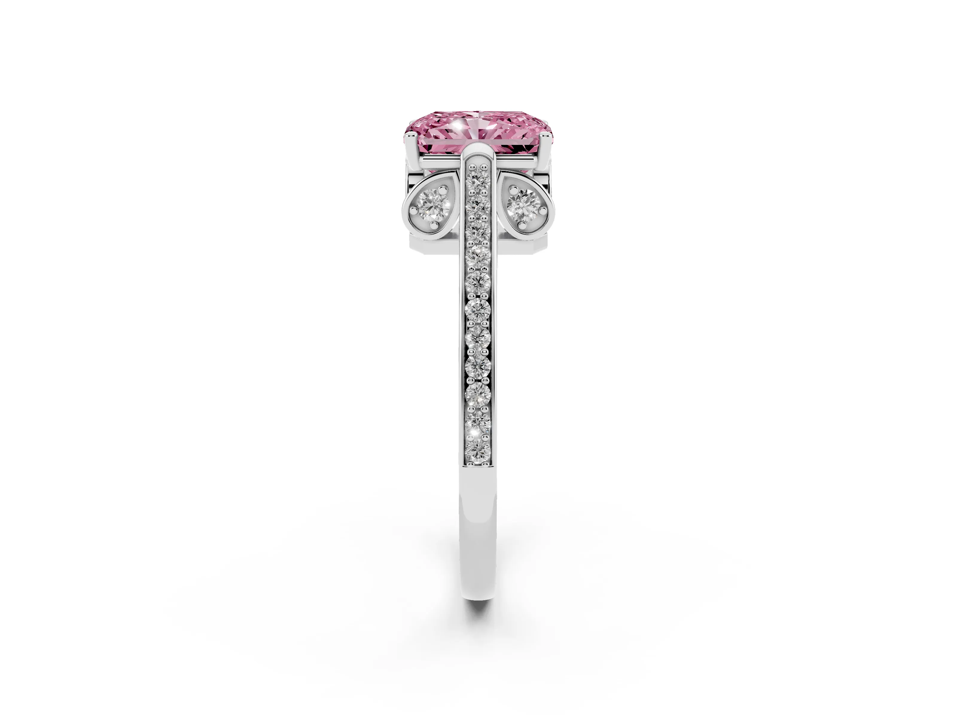 Fancy Pink Radiant Cut Diamond Cathedral Pavé Engagement Ring Set in White gold with Prong Setting