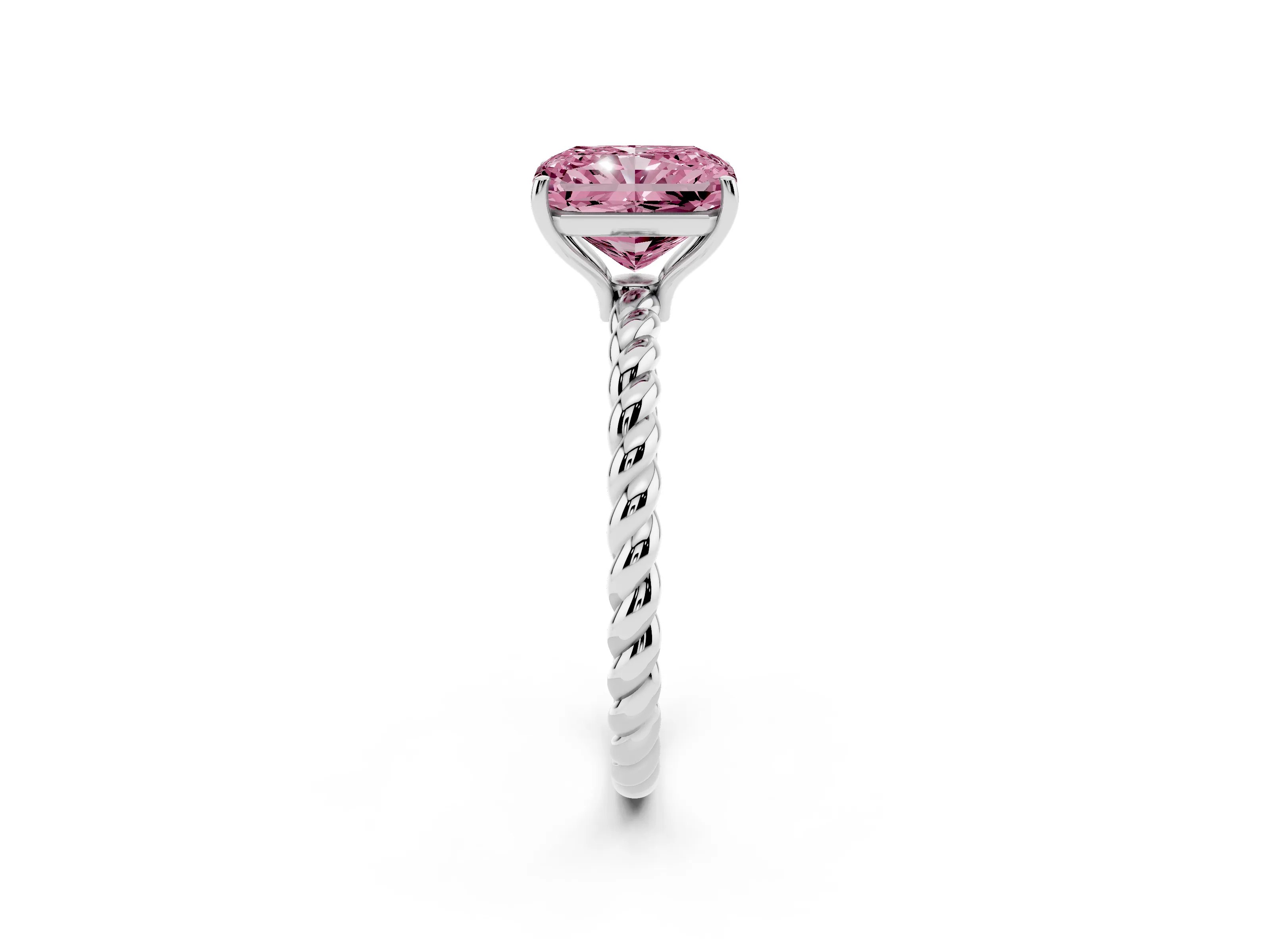 Fancy Pink Radiant Cut Diamond Solitaire Ring Set in White gold with Twist Band and Prong Setting