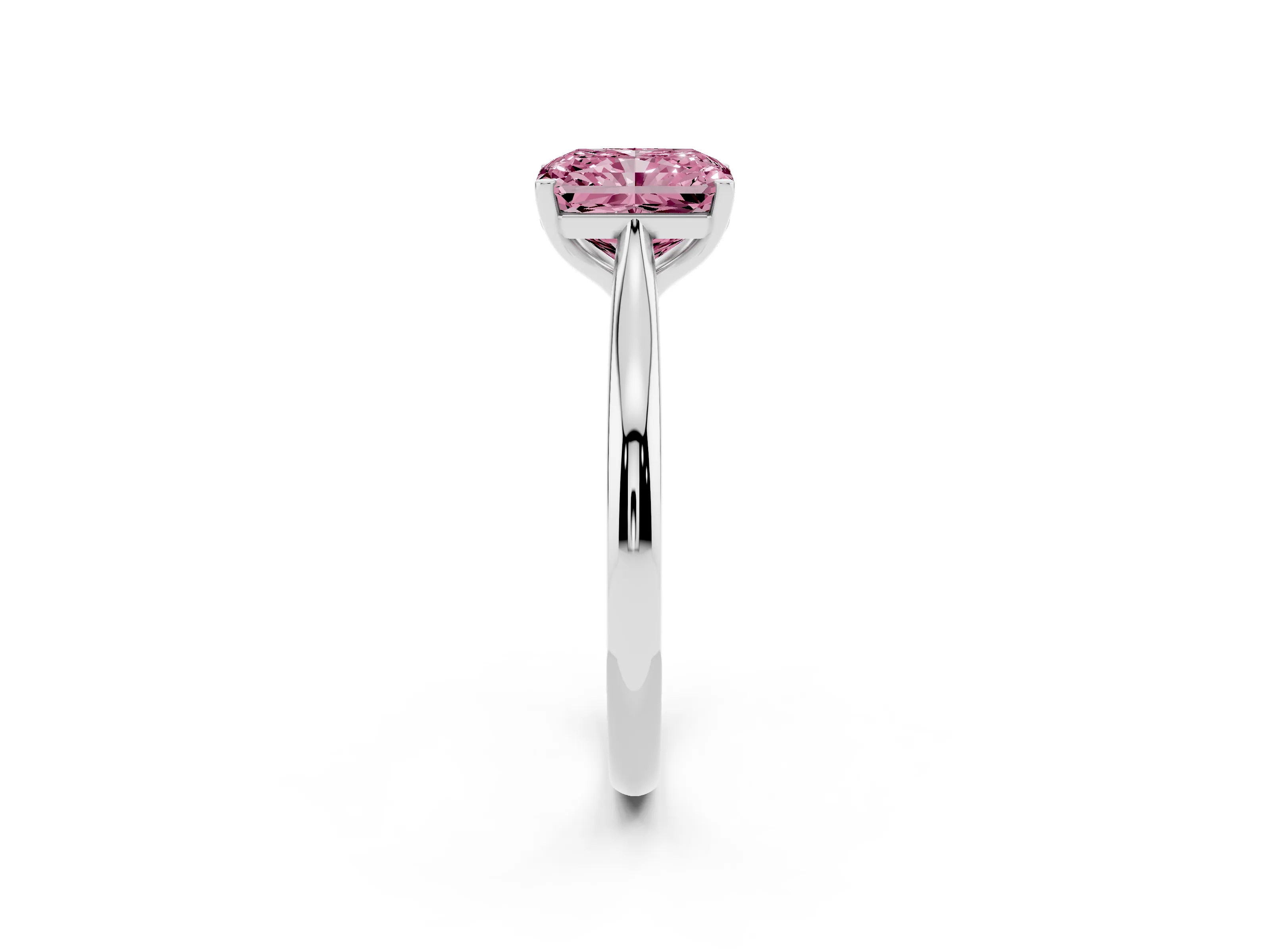 Fancy Pink Radiant Cut Diamond Solitaire Ring Set in Platinum with Cathedral Band and Prong Setting