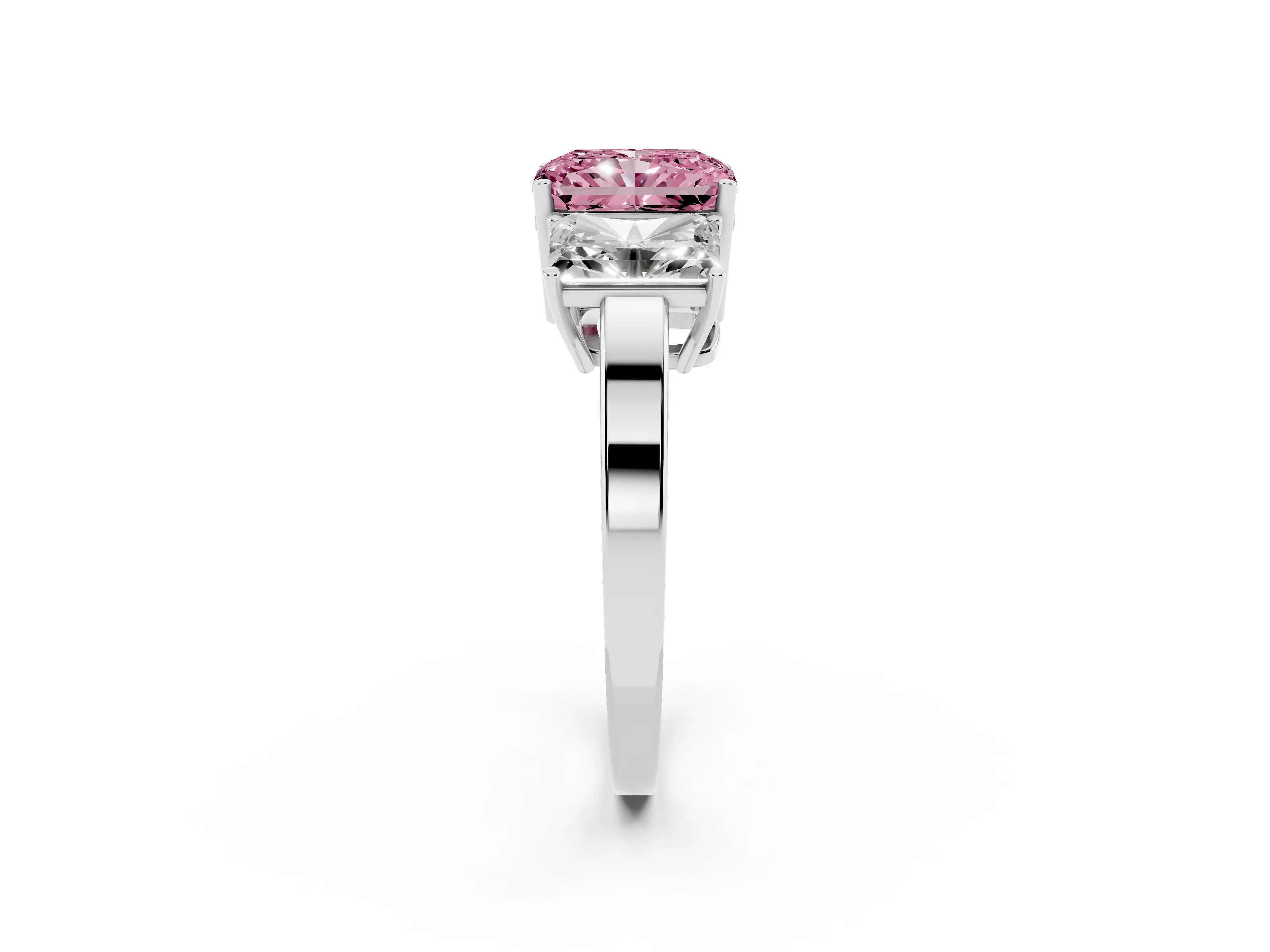 Fancy Pink Radiant Cut Diamond Three-Stone Engagement Ring Set in Platinum with Flat Band