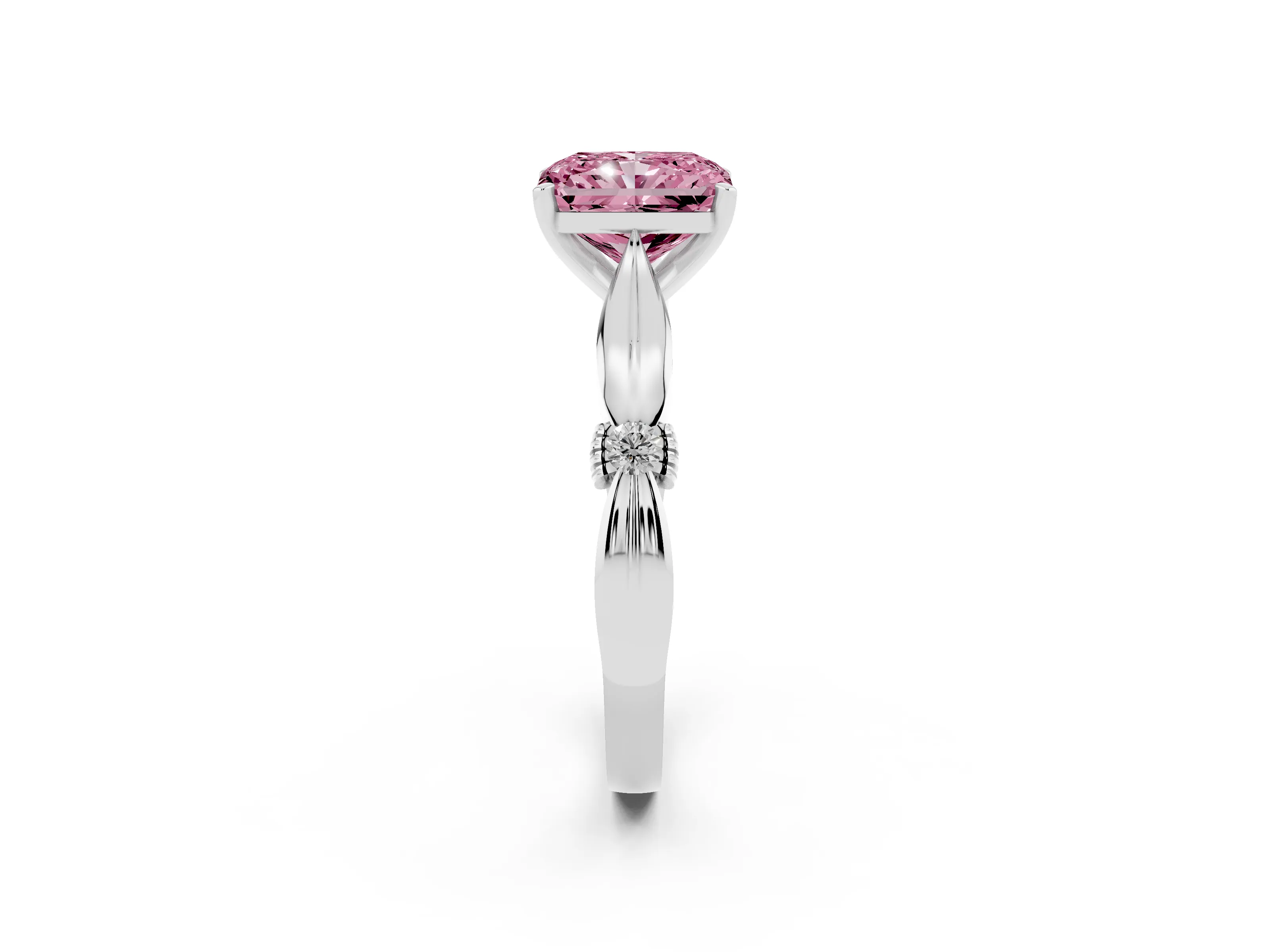 Fancy Pink Radiant Cut Diamond Solitaire Twisted Band Ring Set in Silver with Accent Stones and Prong Setting